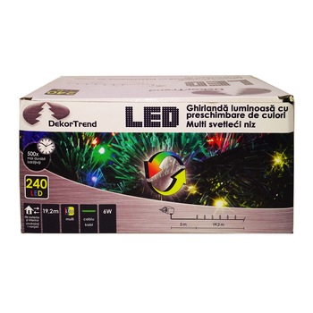Ghirlanda luminoasa RGB cu preschimbare de culori, DekorTrend, KDM 242, 240 LEDuri, lungime 19,2m, alb cald + multicolor, cablu verde, cu cablu de alimentare 5m, interior-exterior Ghirlanda luminoasa RGB cu preschimbare de culori, DekorTrend, KDM 242, 240 LEDuri, lungime 19,2m, alb cald + multicolor, cablu verde, cu cablu de alimentare 5m, interior-exterior