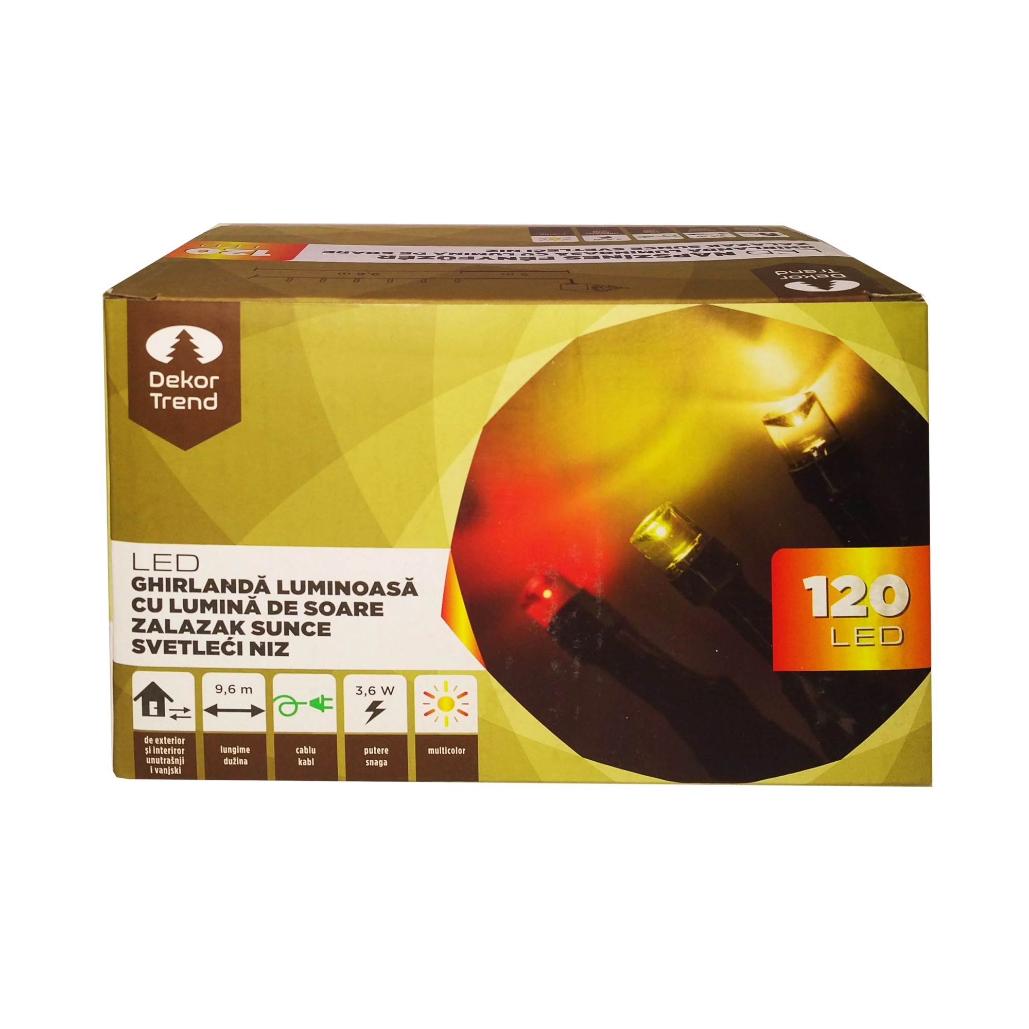 Ghirlanda luminoasa cu luminile Soarelui, DekorTrend, KDM 121, 120 LEDuri, lungime 9,6m, alb cald + alb iedera + rosu, cablu verde, cu cablu de alimentare 5m, interior-exterior