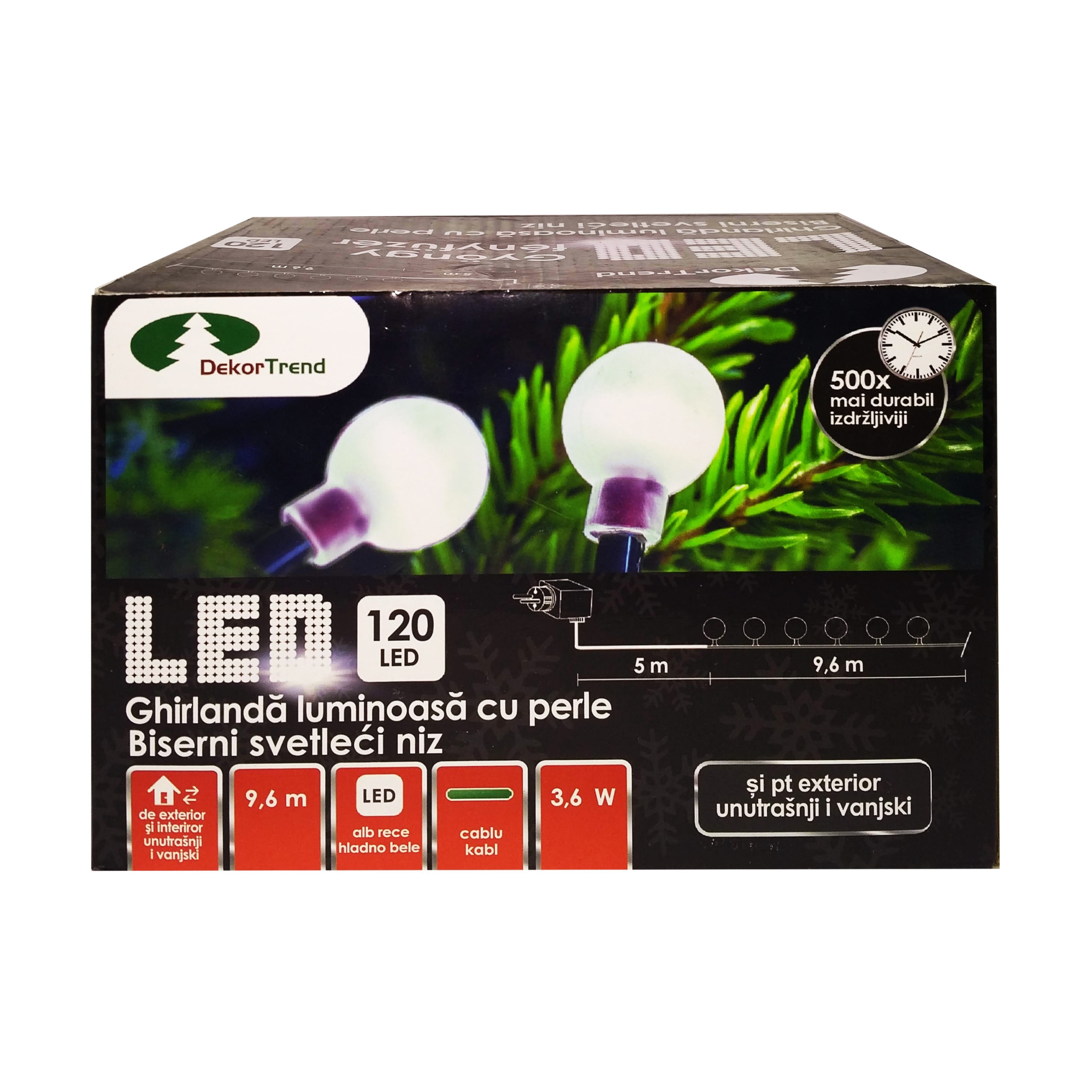 Ghirlanda luminoasa cu margele, DekorTrend, KDG 122, 120 LEDuri, lungime 9,6m, alb rece, cablu verde, cu cablu de alimentare 5m, interior-exterior
