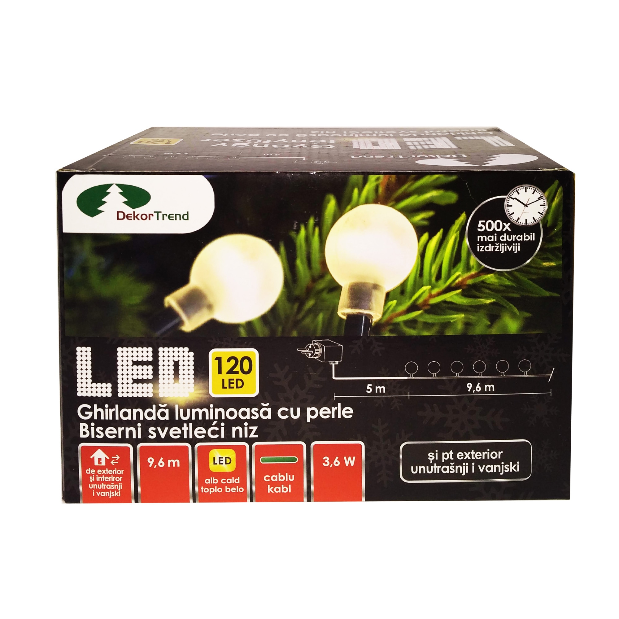 Ghirlanda luminoasa cu margele, DekorTrend, KDG 121, 120 LEDuri, lungime 9,6m, alb cald, cablu verde, cu cablu de alimentare 5m, interior-exterior