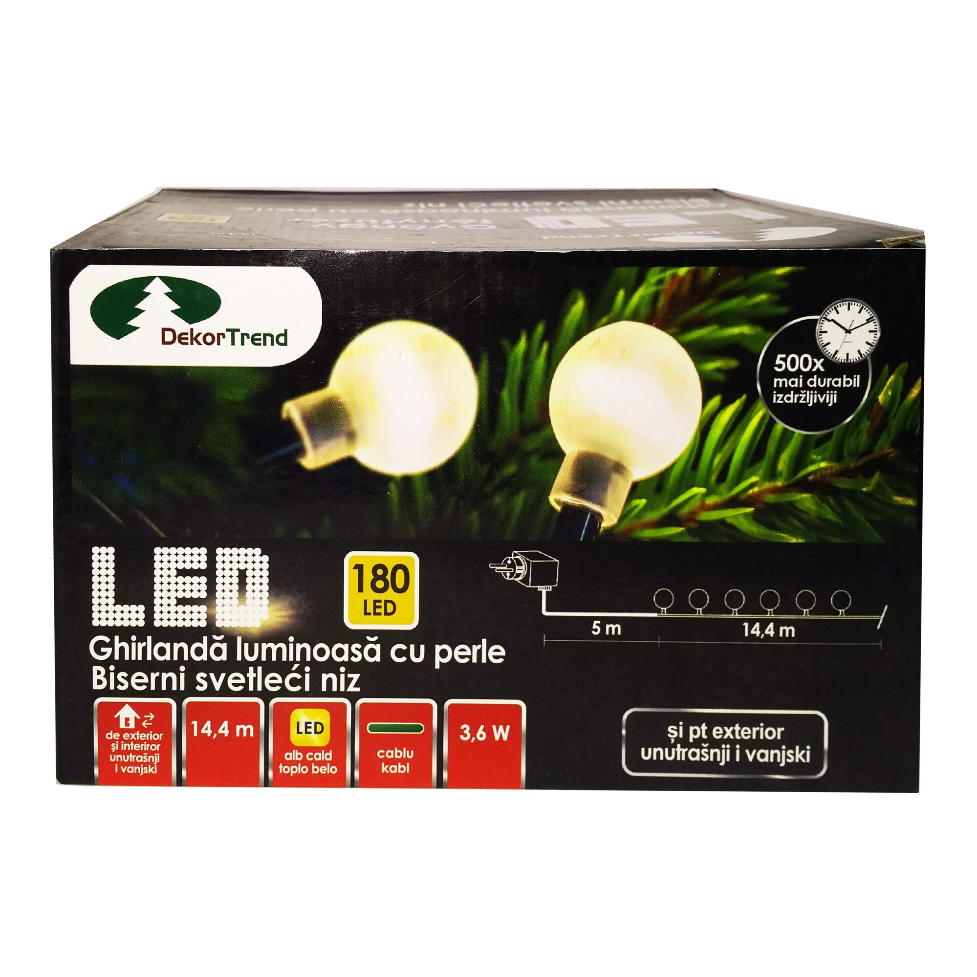 Ghirlanda luminoasa cu margele, DekorTrend, KDG 181, 180 LEDuri, lungime 14,4m, alb cald, cablu verde, cu cablu de alimentare 5m, interior-exterior