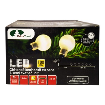 Ghirlanda luminoasa cu margele, DekorTrend, KDG 181, 180 LEDuri, lungime 14,4m, alb cald, cablu verde, cu cablu de alimentare 5m, interior-exterior Ghirlanda luminoasa cu margele, DekorTrend, KDG 181, 180 LEDuri, lungime 14,4m, alb cald, cablu verde, cu cablu de alimentare 5m, interior-exterior