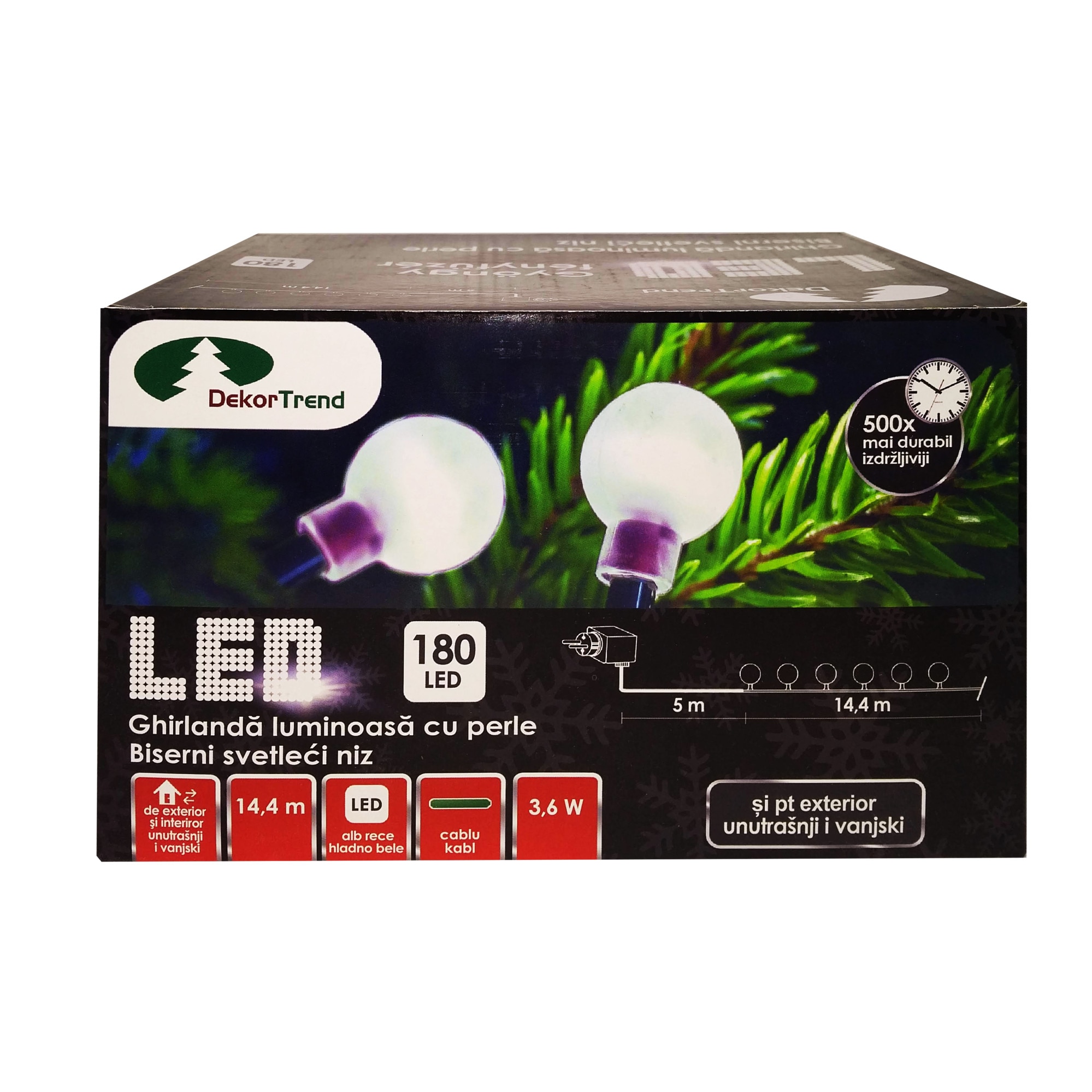 Ghirlanda luminoasa cu margele, DekorTrend, KDG 182, 180 LEDuri, lungime 14,4m, alb rece, cablu verde, cu cablu de alimentare 5m, interior-exterior