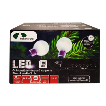 Ghirlanda luminoasa cu margele, DekorTrend, KDG 182, 180 LEDuri, lungime 14,4m, alb rece, cablu verde, cu cablu de alimentare 5m, interior-exterior Ghirlanda luminoasa cu margele, DekorTrend, KDG 182, 180 LEDuri, lungime 14,4m, alb rece, cablu verde, cu cablu de alimentare 5m, interior-exterior