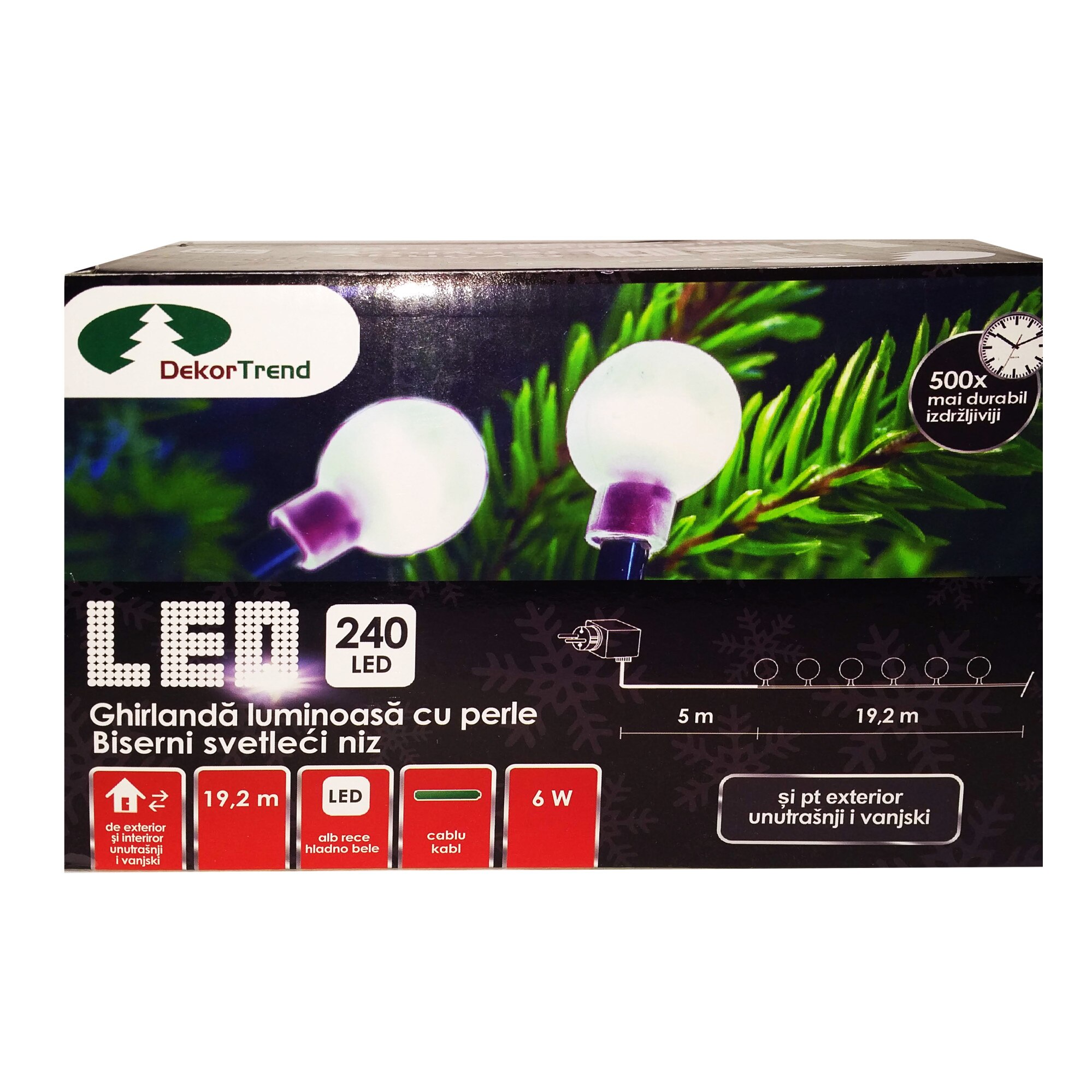 Ghirlanda luminoasa cu margele, DekorTrend, KDG 242, 240 LEDuri, lungime 19,2m, alb rece, cablu verde, cu cablu de alimentare 5m, interior-exterior