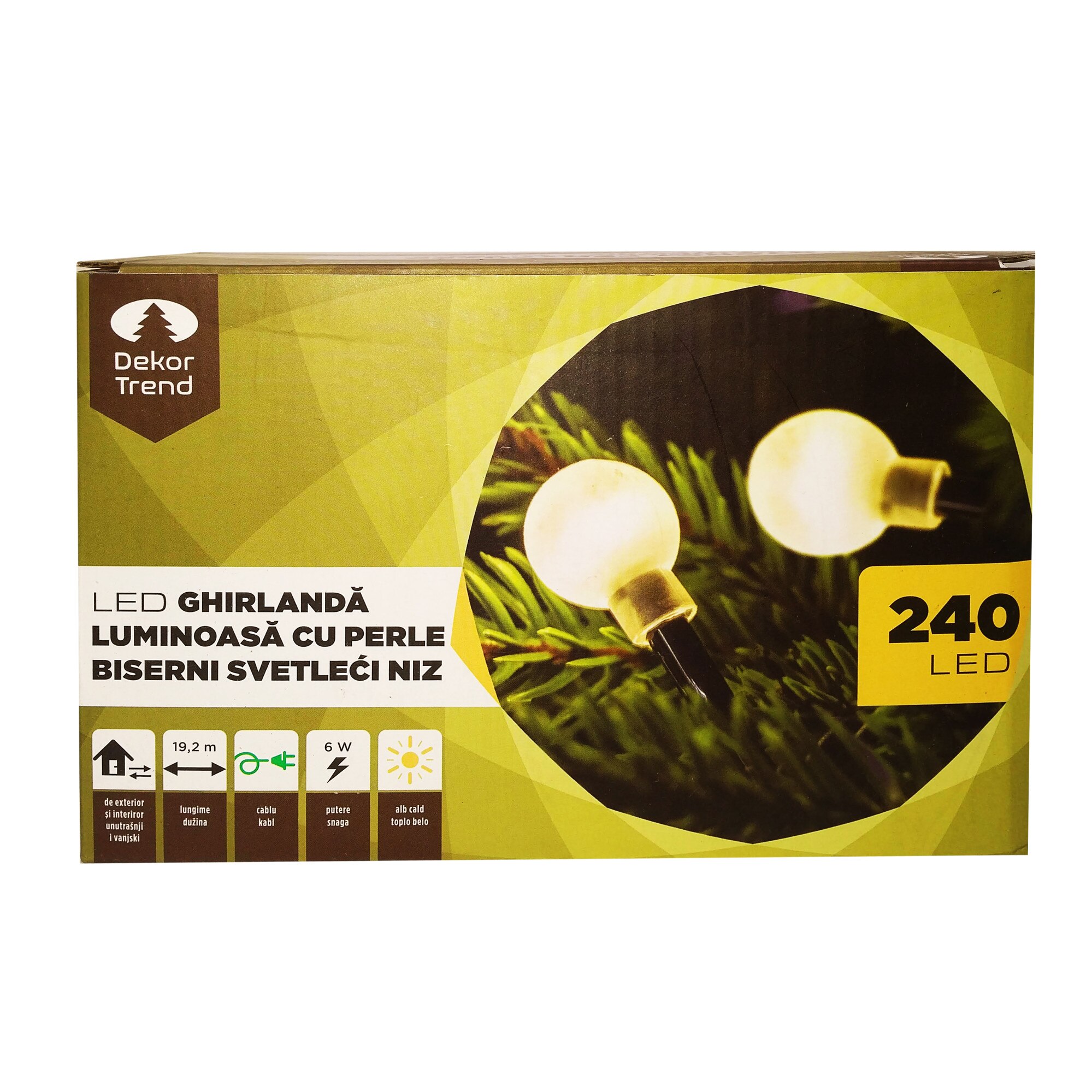 Ghirlanda luminoasa cu margele, DekorTrend, KDG 241, 240 LEDuri, lungime 19,2m, alb cald, cablu verde, cu cablu de alimentare 5m, interior-exterior