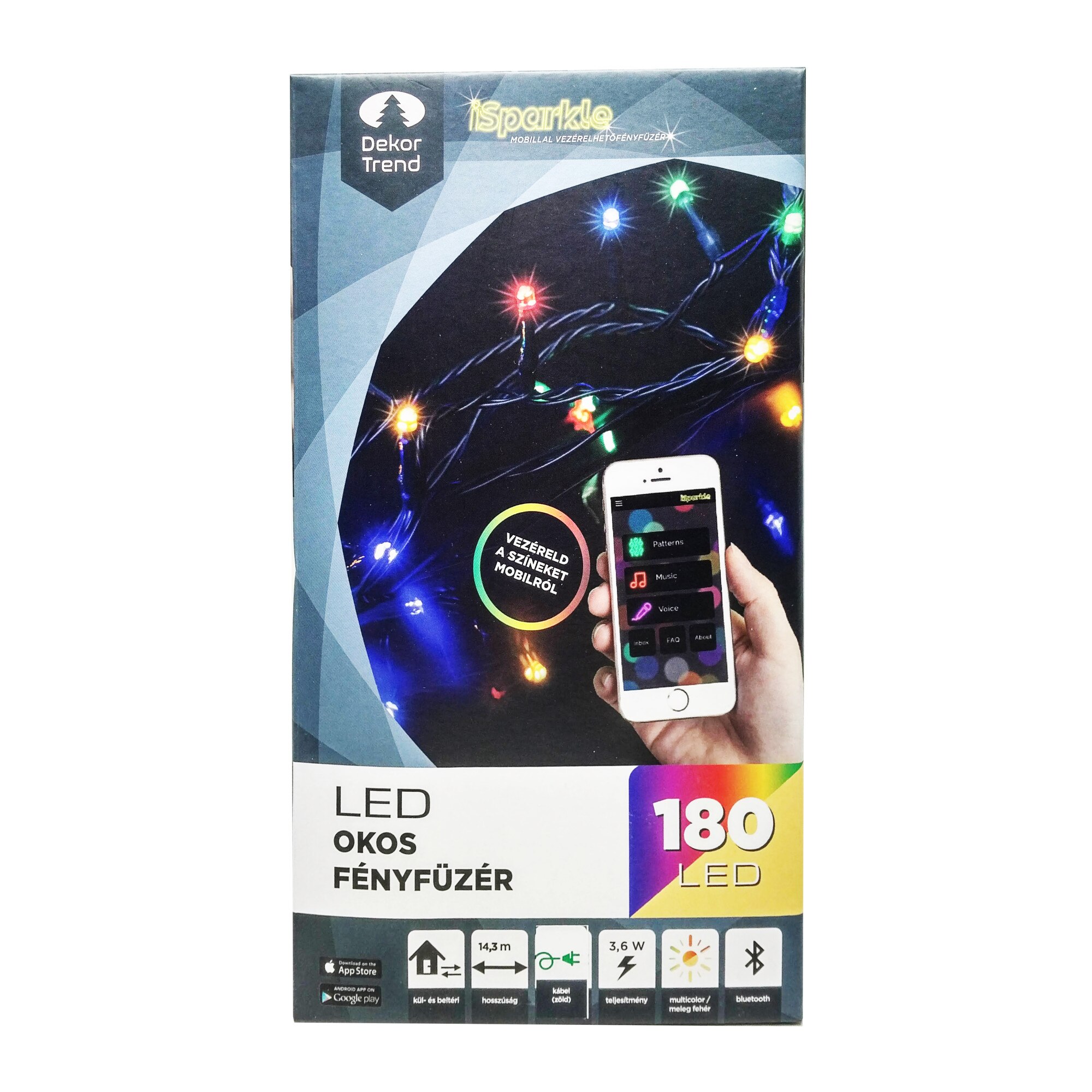 Ghirlanda luminoasa Smart iSparkle, DekorTrend, KIS 180, 180 LEDuri, multicolor RGB, lungime 14m, cablu negru, cu cablu alimentare 4,5m, modul de control BlueTooth