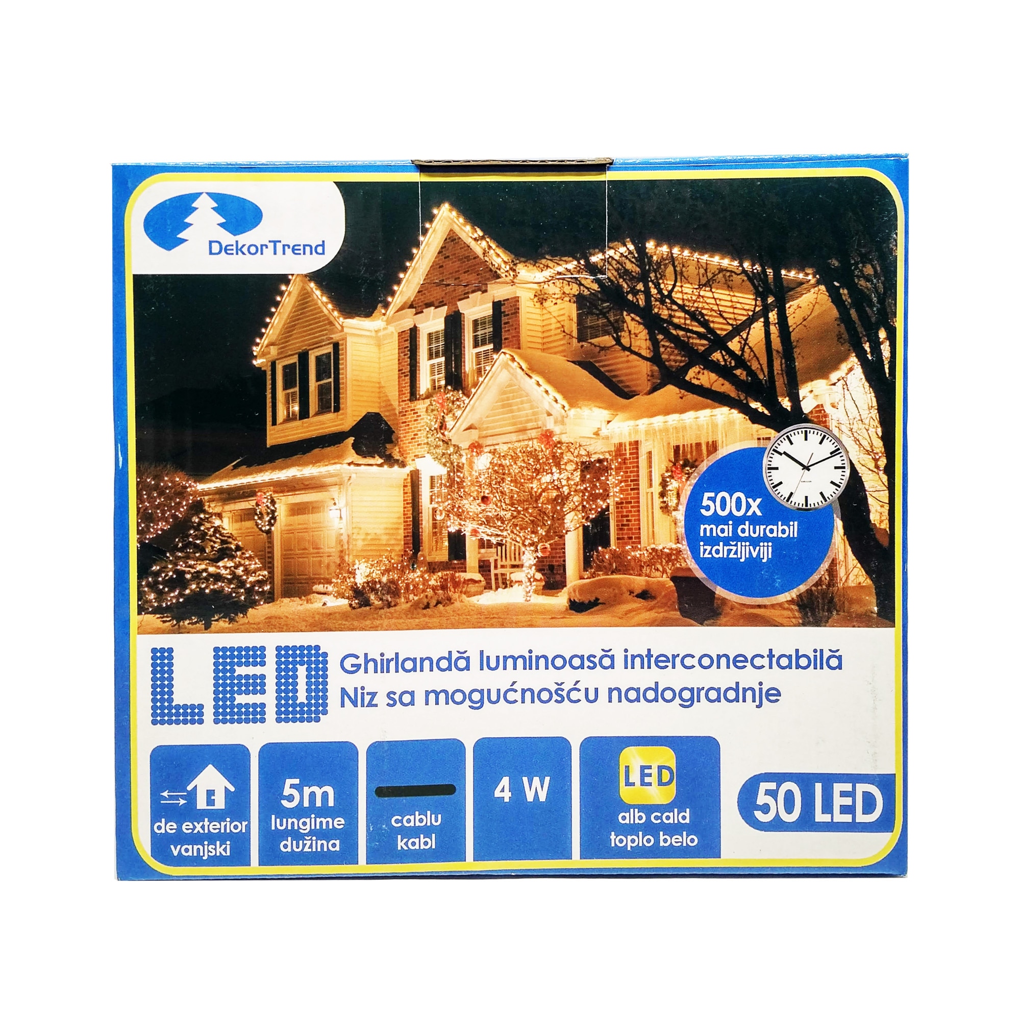 Ghirlanda luminoasa Contact LED interconectabil, DekorTrend, KDK 001, 50 LEDuri, alb cald, lungime 5m, cablu negru gros, cauciucat, cu cablu alimentare 1.8m, exterior, conectabile 20
