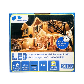 Ghirlanda luminoasa Contact LED interconectabil, DekorTrend, KDK 001, 50 LEDuri, alb cald, lungime 5m, cablu negru gros, cauciucat, cu cablu alimentare 1.8m, exterior, conectabile 20 Ghirlanda luminoasa Contact LED interconectabil, DekorTrend, KDK 001, 50 LEDuri, alb cald, lungime 5m, cablu negru gros, cauciucat, cu cablu alimentare 1.8m, exterior, conectabile 20