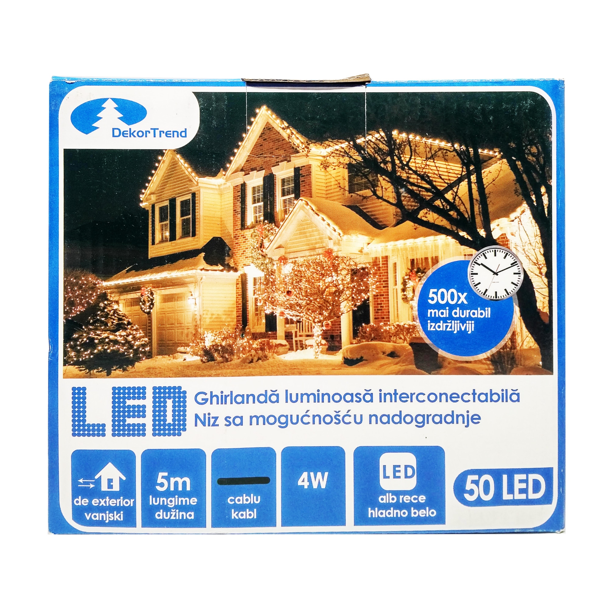 Ghirlanda luminoasa Contact LED interconectabil, DekorTrend, KDK 003, 50 LEDuri, alb rece, lungime 5m, cablu negru gros, cauciucat, cu cablu alimentare 1.8m, exterior, conectabile 20
