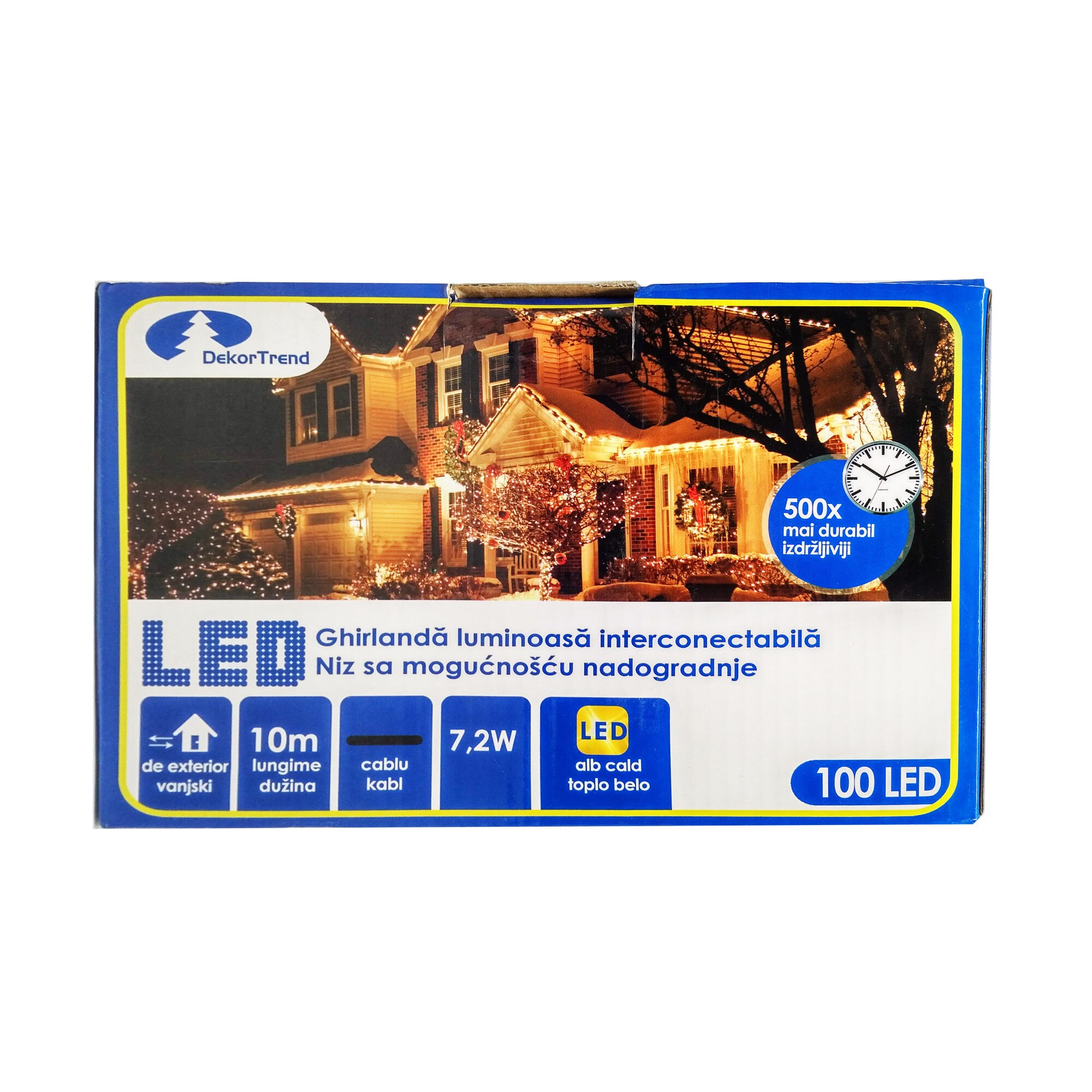 Ghirlanda luminoasa Contact LED interconectabil, DekorTrend, KDK 002, 100 LEDuri, alb cald, lungime 10m, cablu negru gros, cauciucat, cu cablu alimentare 1.8m, exterior, conectabile 10