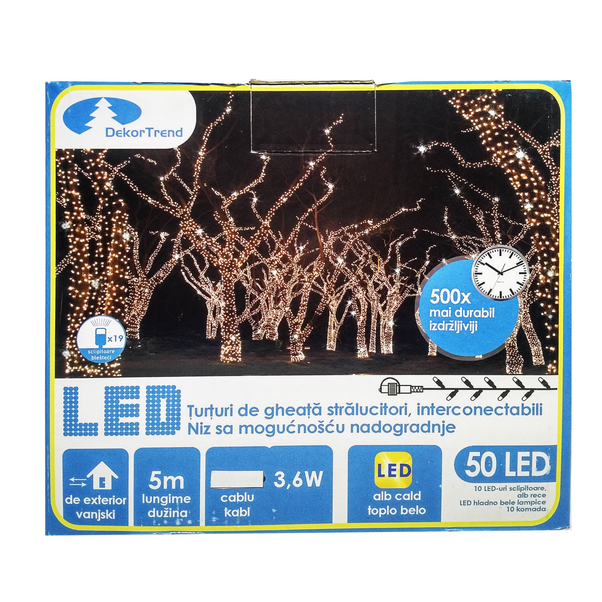 Ghirlanda luminoasa Contact LED interconectabil cu sclipire, DekorTrend, KDK 202, 50LEDuri, lungime 5m, alb cald + alb rece, cablu alb gros, cauciucat, cu cablu alimentare 1,8m, exterior, conectabile 20