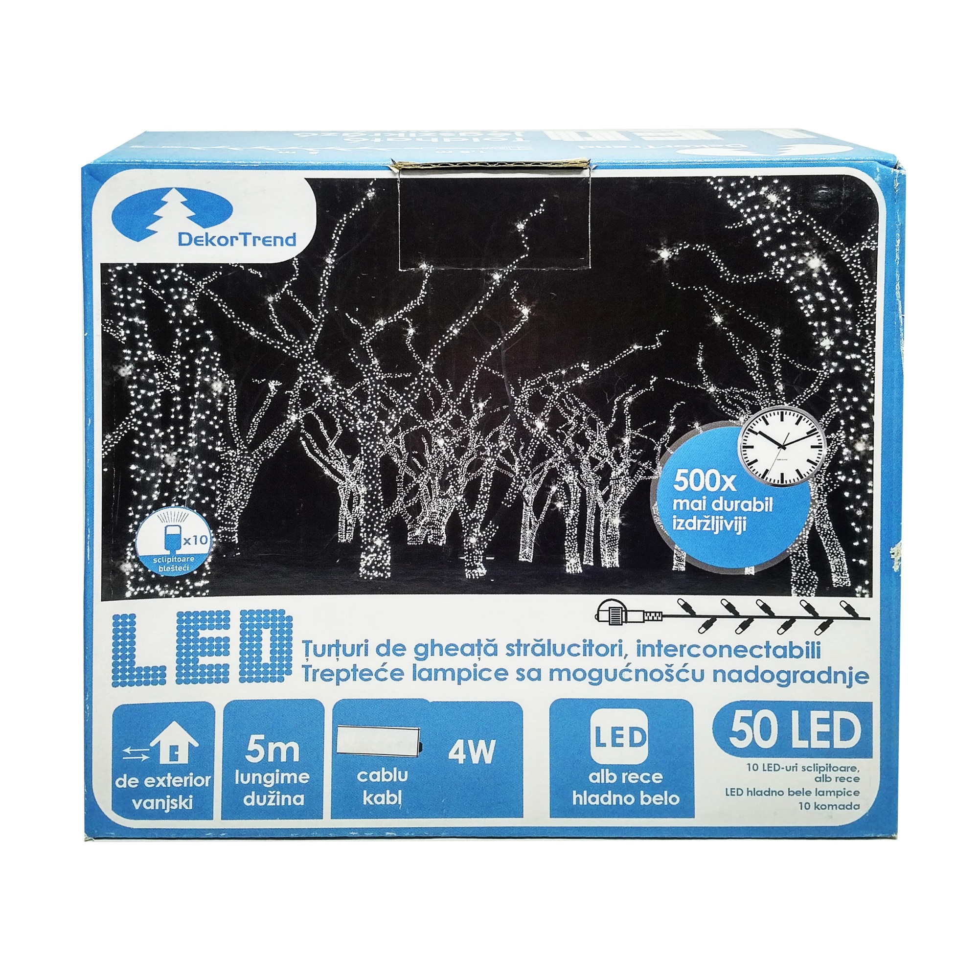 Ghirlanda luminoasa Contact LED interconectabil cu sclipire, DekorTrend, KDK 212, 100LEDuri, lungime 10m, alb cald + alb rece, cablu alb gros, cauciucat, cu cablu alimentare 1,8m, exterior, conectabile 10