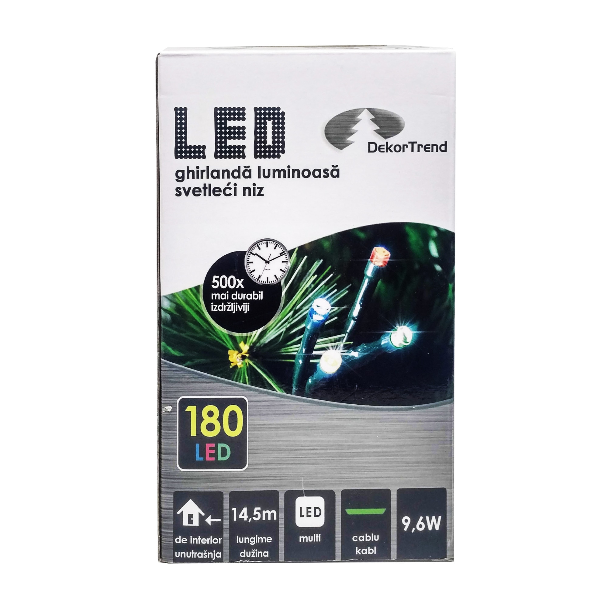 Ghirlanda luminoasa DekorTrend, KDL 185, 180 LEDuri, circumferinta 14,5m, multicolor, cablu verde, cu cablu de alimentare 1,5m, interior
