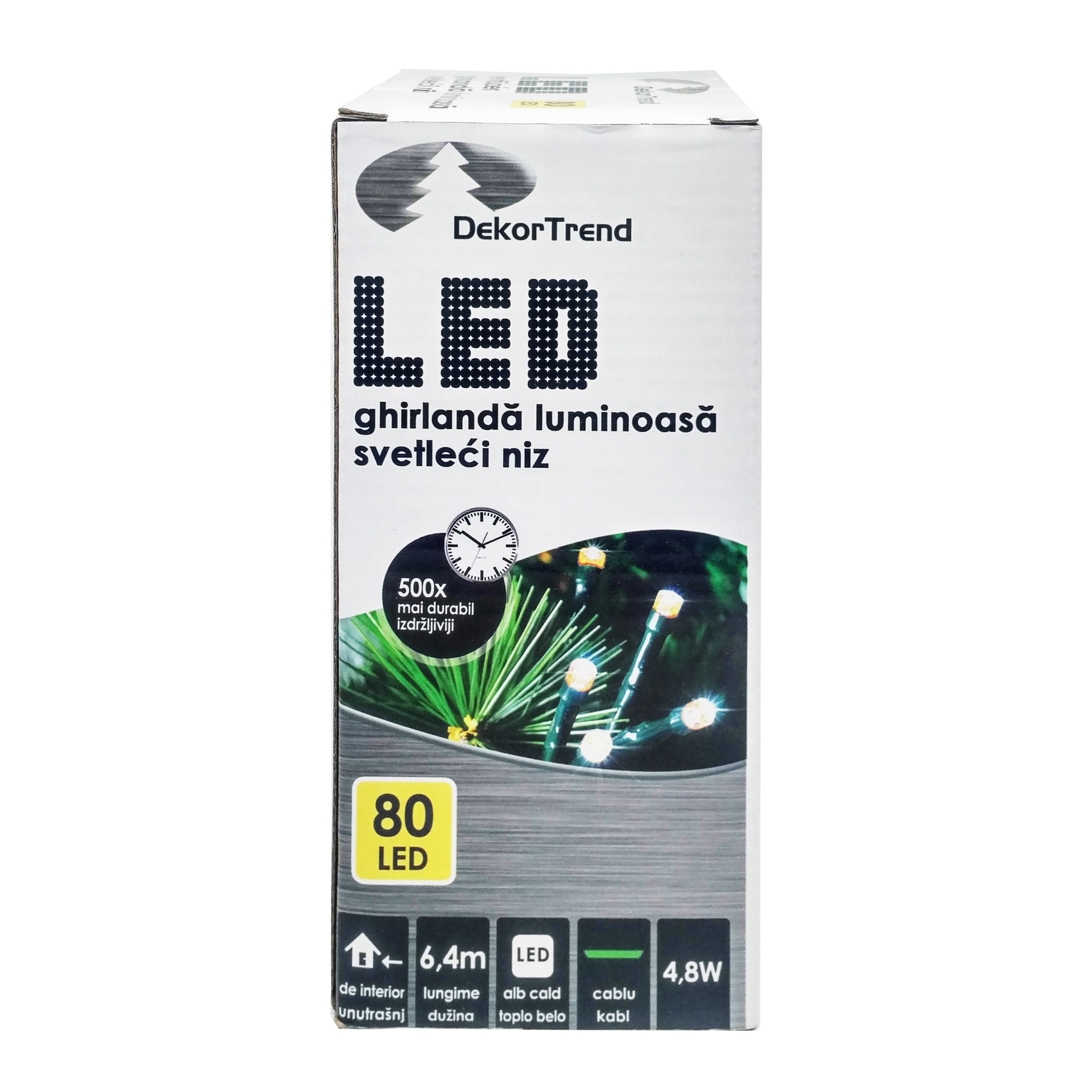 Ghirlanda luminoasa DekorTrend, KDL 081, 80 LEDuri, circumferinta 6,4m, alb cald, cablu verde, cu cablu de alimentare 1,5m, interior