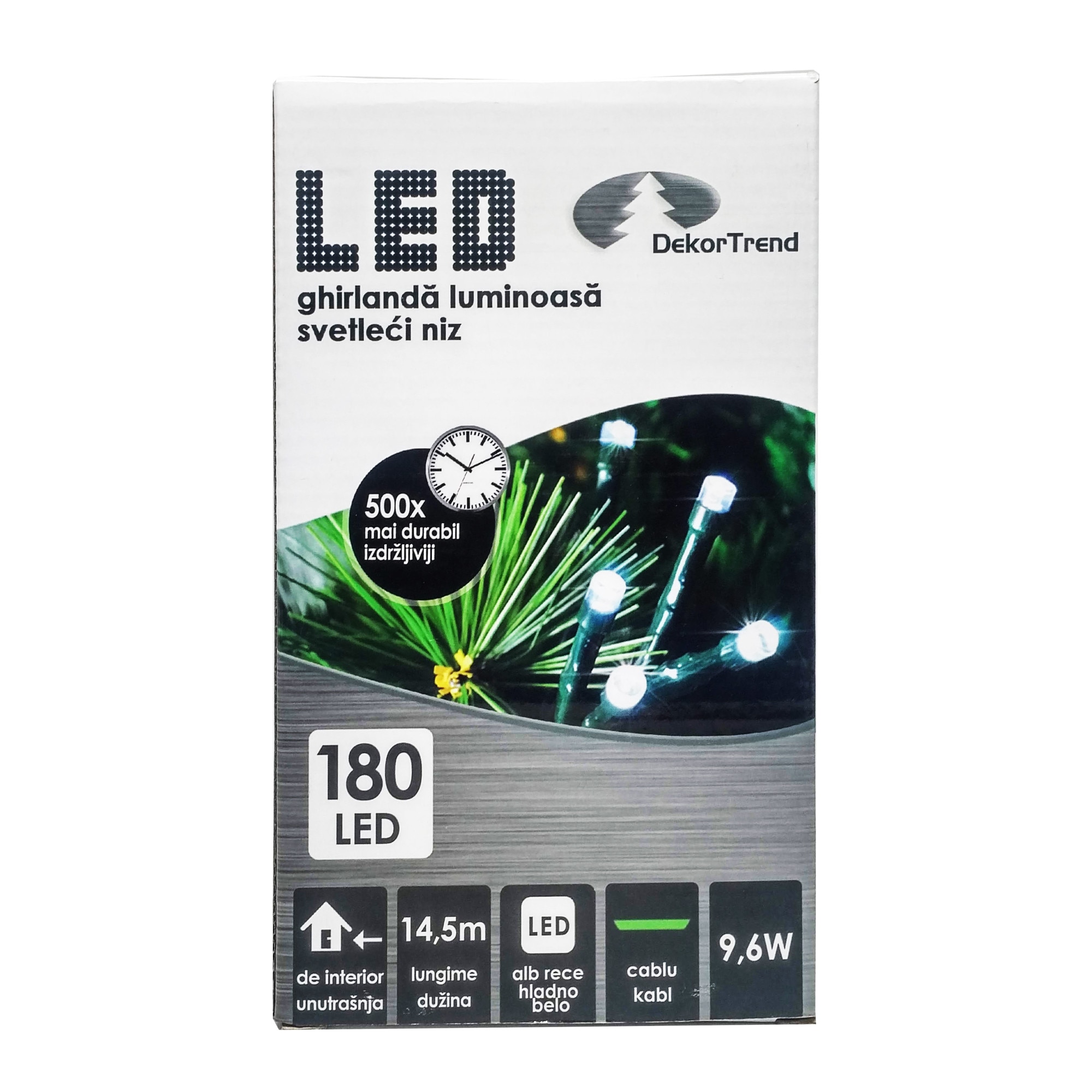 Ghirlanda luminoasa DekorTrend, KDL 181, 180 LEDuri, circumferinta 14,5m, alb rece, cablu verde, cu cablu de alimentare 1,5m, interior
