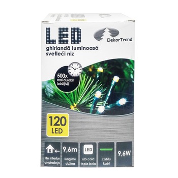 Ghirlanda luminoasa DekorTrend, KDL 121, 120 LEDuri, circumferinta 9,6m, alb cald, cablu verde, cu cablu de alimentare 1,5m, interior Ghirlanda luminoasa DekorTrend, KDL 121, 120 LEDuri, circumferinta 9,6m, alb cald, cablu verde, cu cablu de alimentare 1,5m, interior