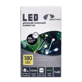Ghirlanda luminoasa DekorTrend, KDL 181, 180 LEDuri, circumferinta 14,5m, alb cald, cablu verde, cu cablu de alimentare 1,5m, interior Ghirlanda luminoasa DekorTrend, KDL 181, 180 LEDuri, circumferinta 14,5m, alb cald, cablu verde, cu cablu de alimentare 1,5m, interior
