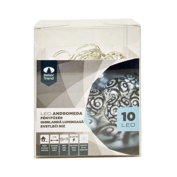 Ghirlanda luminoasa Andromeda, DekorTrend, KDE 109, 10 LEDuri, lungime 1m, alb rece, cablu transparent, cu cablu de alimentare 0.5m, pe baterii, interior Ghirlanda luminoasa Andromeda, DekorTrend, KDE 109, 10 LEDuri, lungime 1m, alb rece, cablu transparent, cu cablu de alimentare 0.5m, pe baterii, interior