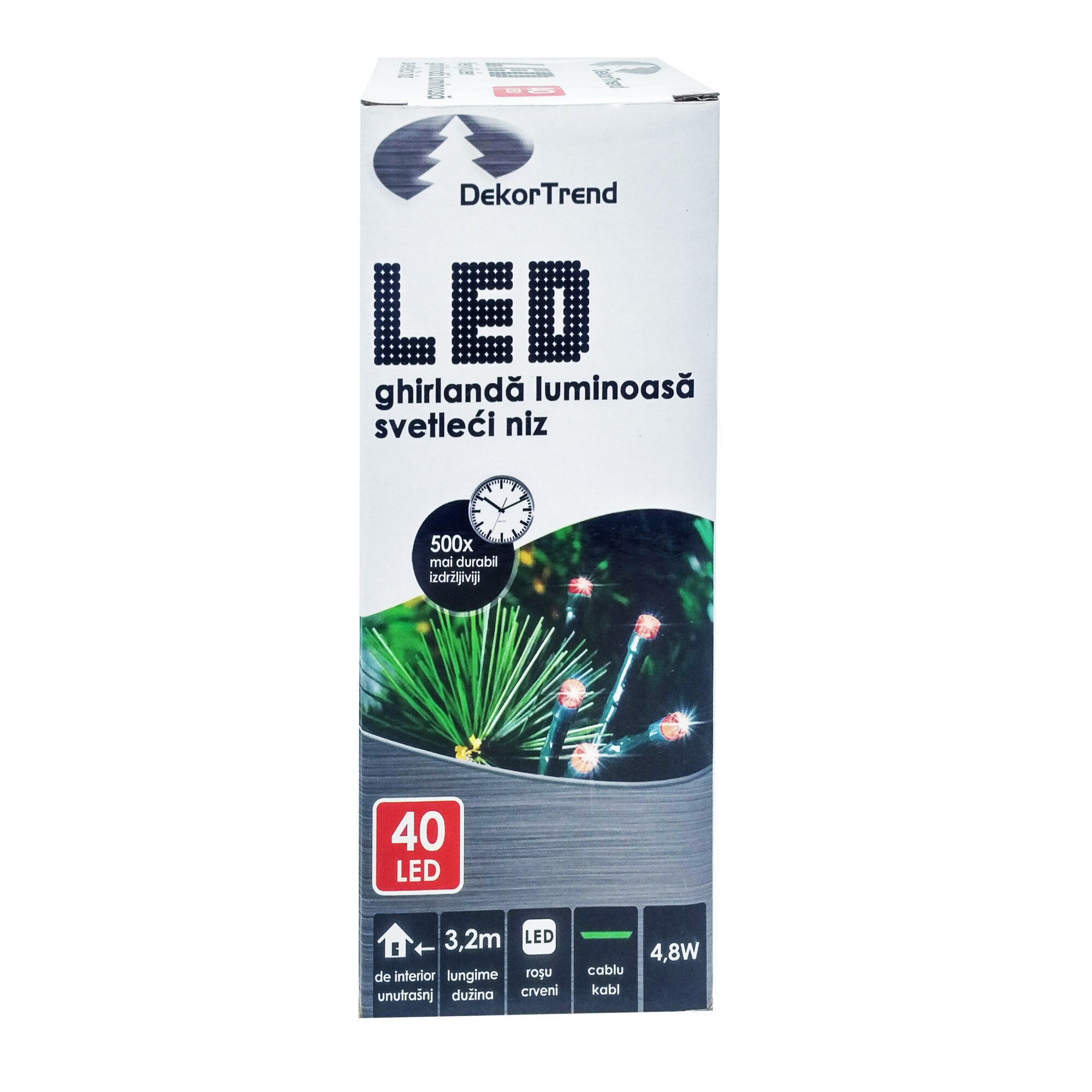 Ghirlanda luminoasa DekorTrend, KDL 044, 40 LEDuri, circumferinta 3,2m, rosu, cablu verde, cu cablu de alimentare 1,5m, interior