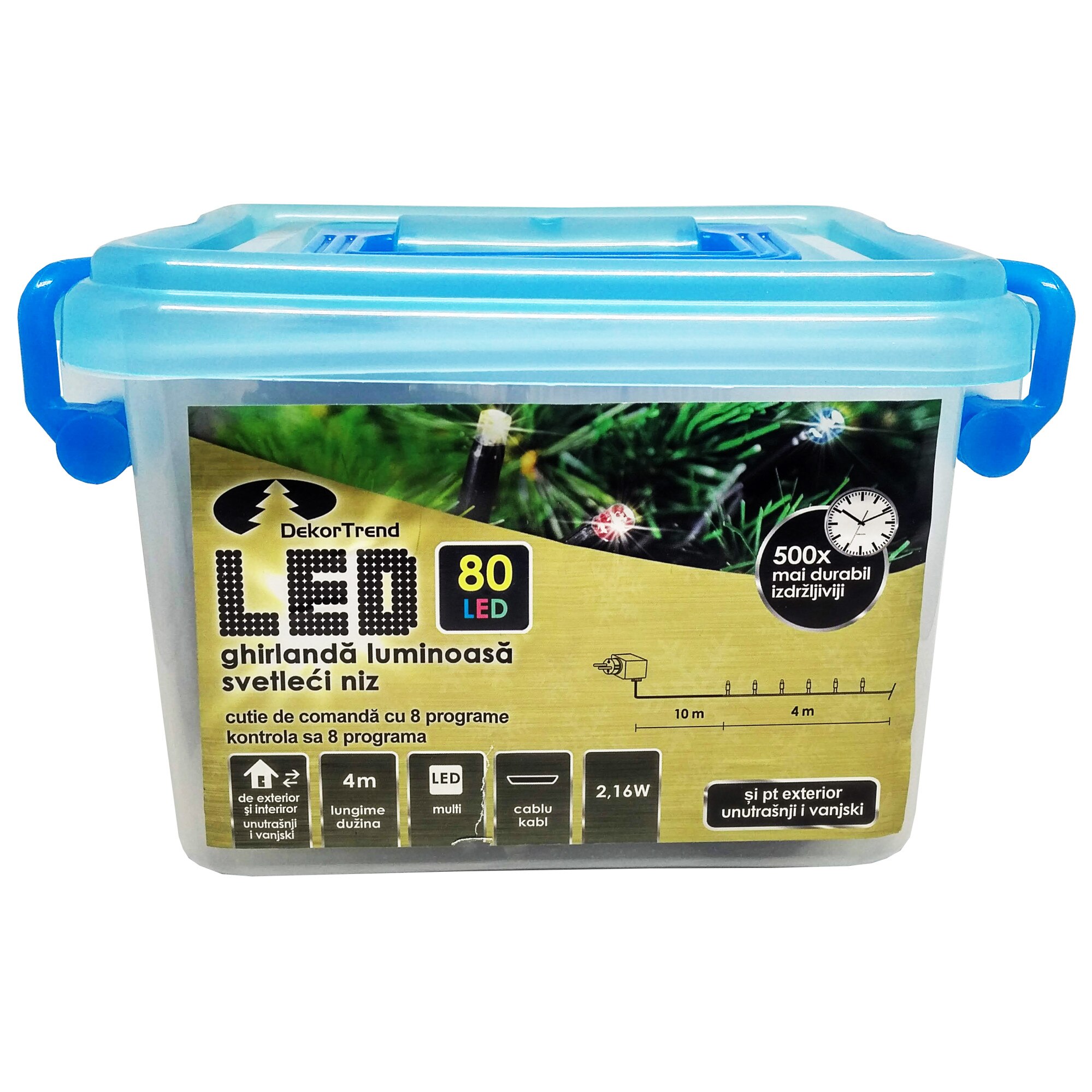 Ghirlanda luminoasa Dekortrend, KDV 085, 80 LEDuri, lungime 4m, multicolor, cablu negru, cu cablu alimentare 10m, interior-exterior