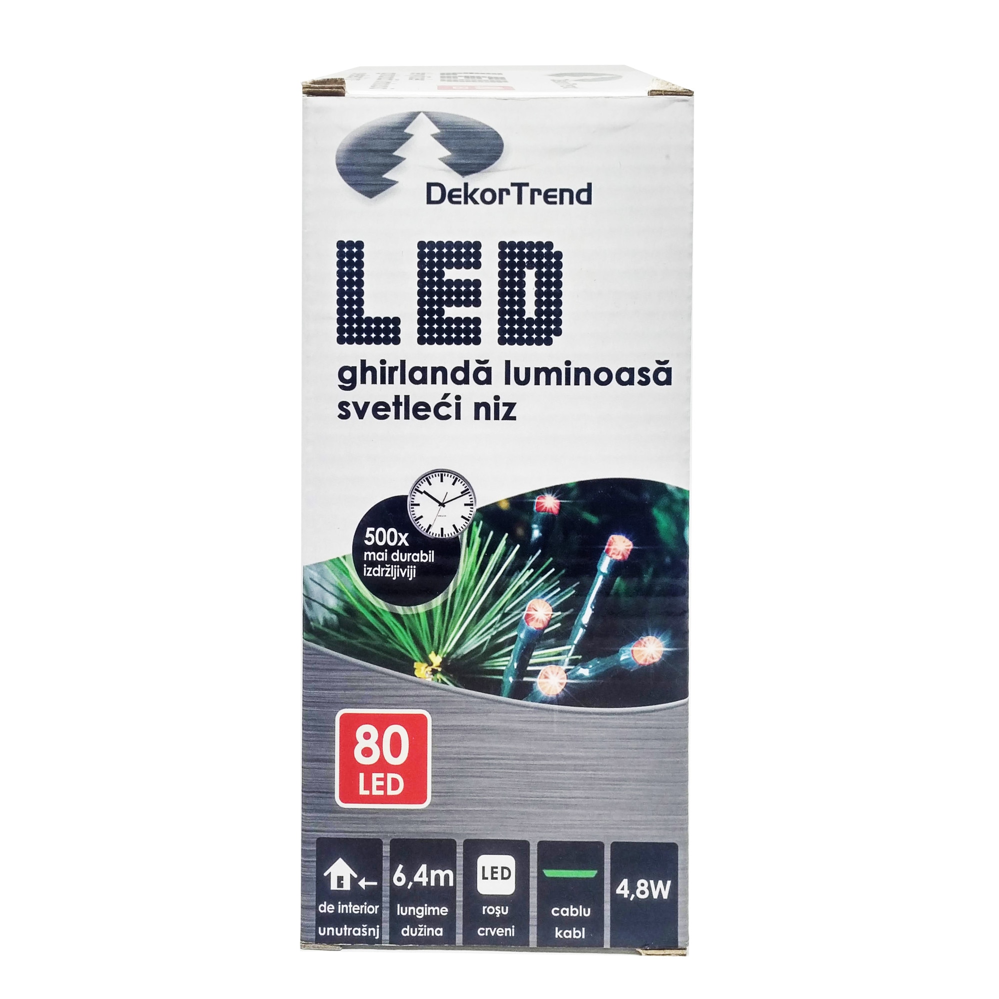 Ghirlanda luminoasa DekorTrend, KDL 084, 80 LEDuri, circumferinta 6,4m, rosu, cablu verde, cu cablu de alimentare 1,5m, interior