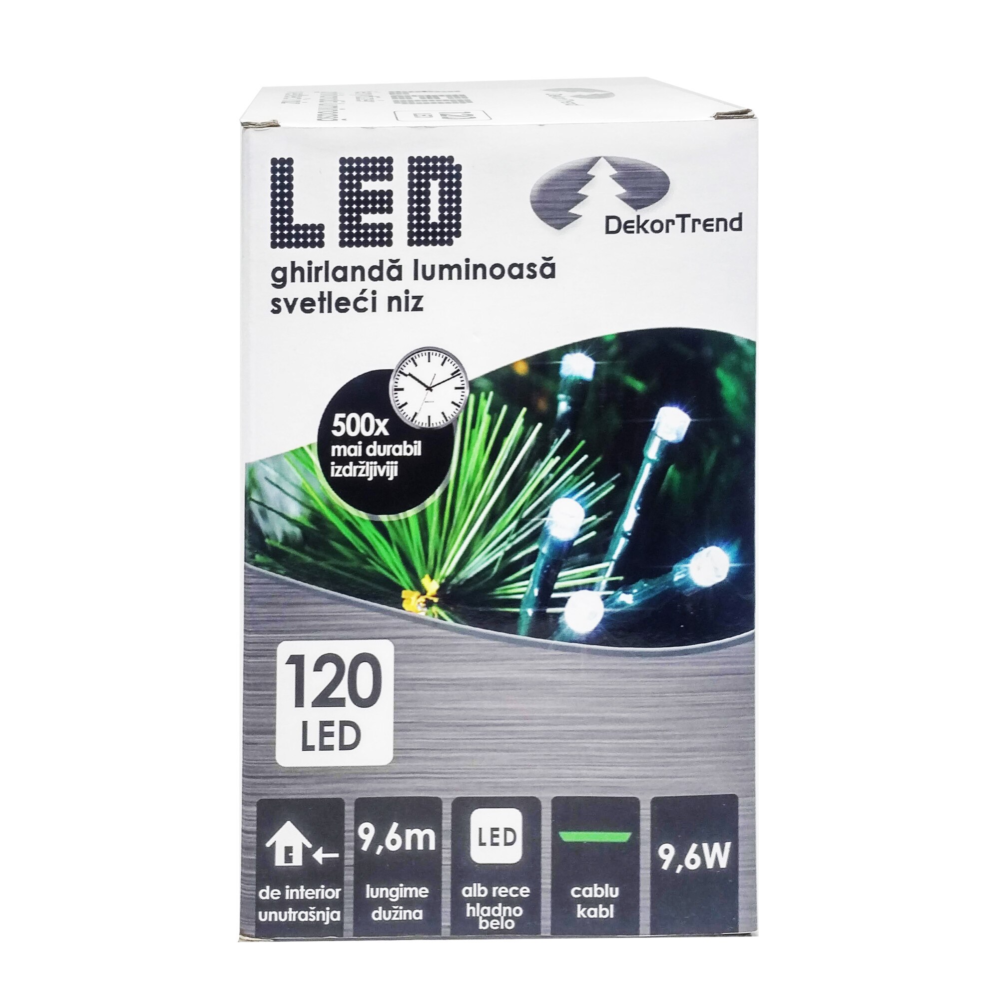 Ghirlanda luminoasa DekorTrend, KDL 122, 120 LEDuri, circumferinta 9,6m, alb rece, cablu verde, cu cablu de alimentare 1,5m, interior