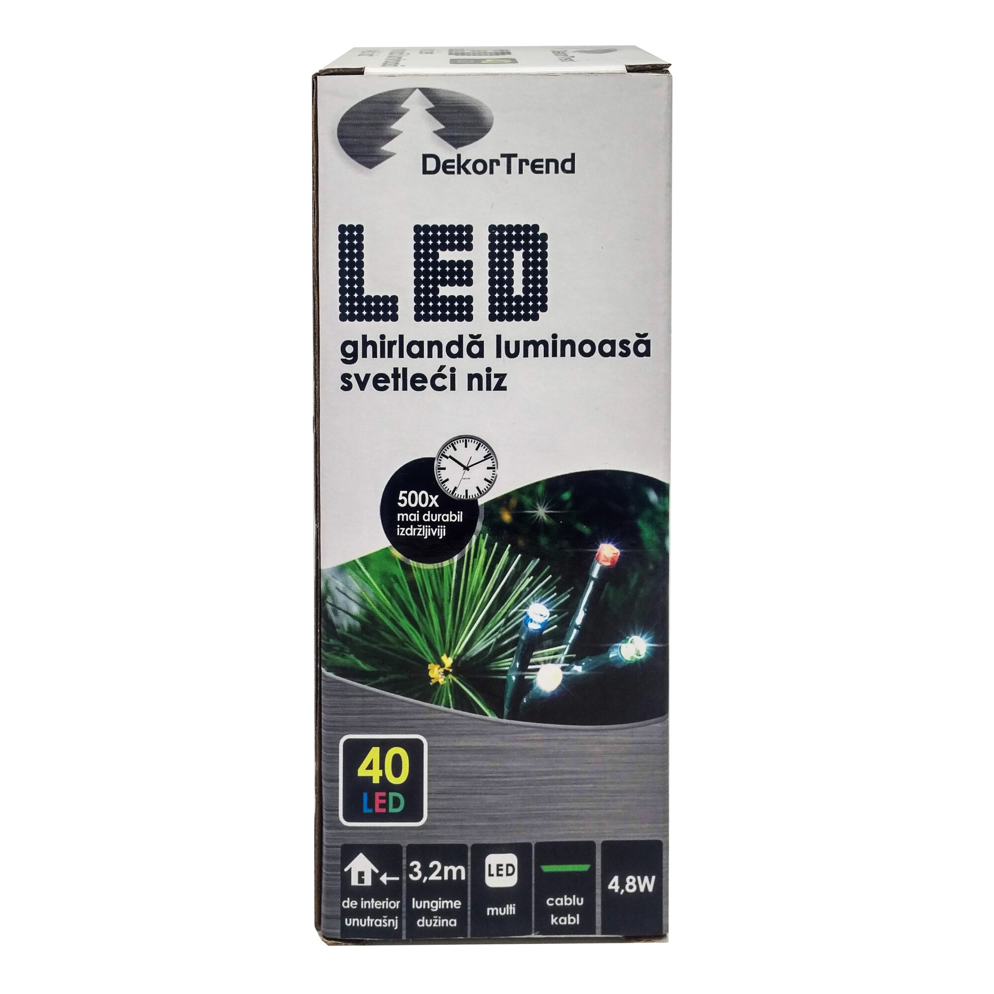 Ghirlanda luminoasa DekorTrend, KDL 045, 40 LEDuri, circumferinta 3,2m, multicolor, cablu verde, cu cablu de alimentare 1,5m, interior