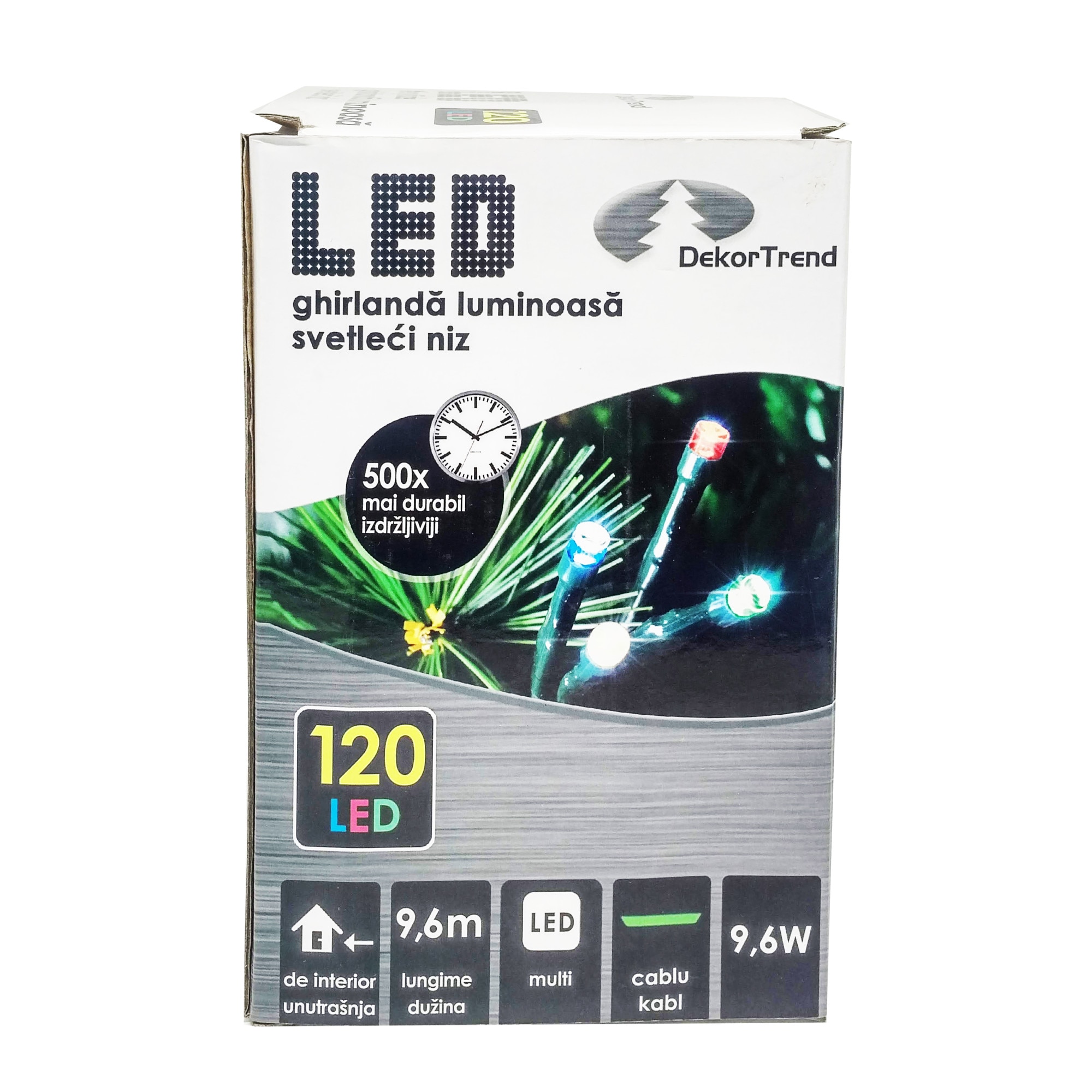 Ghirlanda luminoasa DekorTrend, KDL 125, 120 LEDuri, circumferinta 9,6m, multicolor, cablu verde, cu cablu de alimentare 1,5m, interior