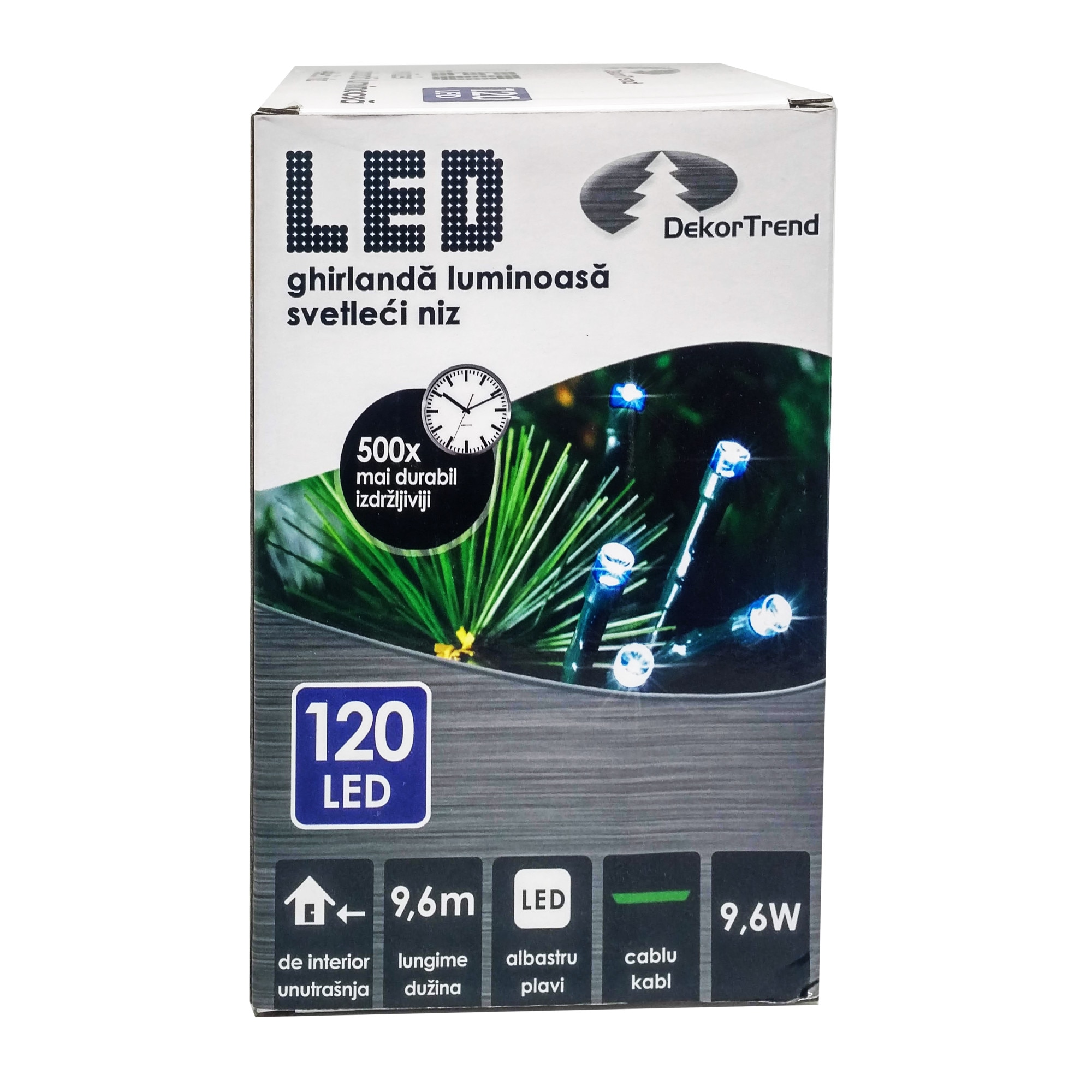 Ghirlanda luminoasa DekorTrend, KDL 123, 120 LEDuri, circumferinta 9,6m, albastru, cablu verde, cu cablu de alimentare 1,5m, interior
