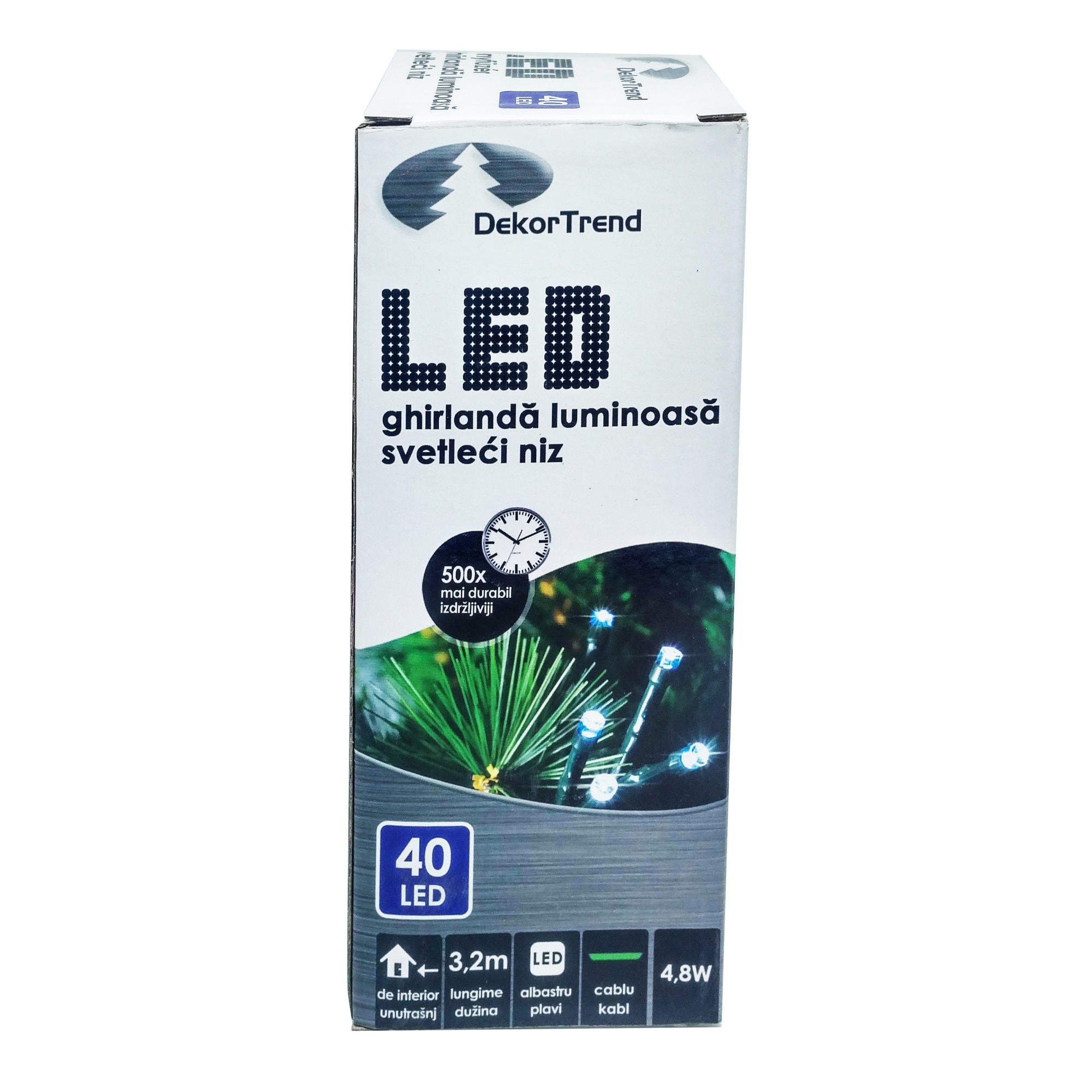 Ghirlanda luminoasa DekorTrend, KDL 043, 40 LEDuri, circumferinta 3,2m, albastru, cablu verde, cu cablu de alimentare 1,5m, interior
