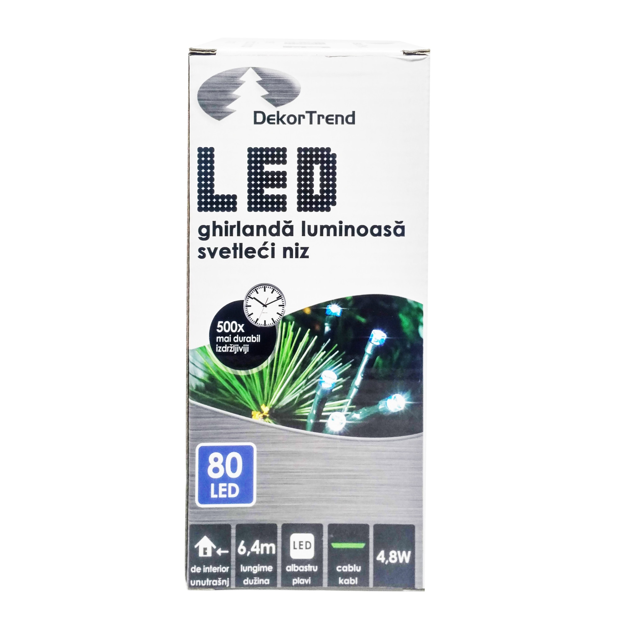 Ghirlanda luminoasa DekorTrend, KDL 083, 80 LEDuri, circumferinta 6,4m, albastru, cablu verde, cu cablu de alimentare 1,5m, interior