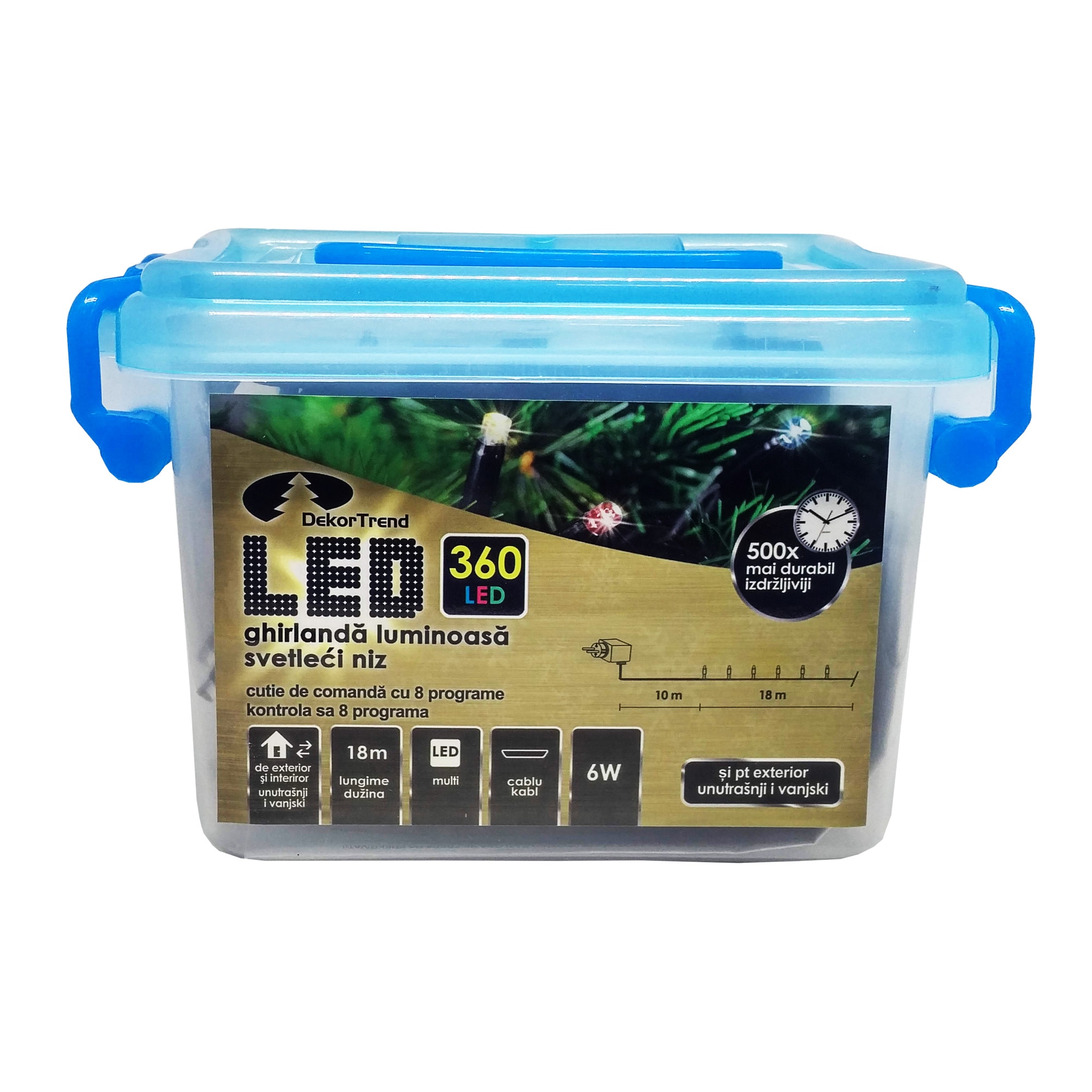 Ghirlanda luminoasa Dekortrend, KDV 363, 360 LEDuri, lungime 18m, multicolor, cablu negru, cu cablu alimentare 10m, interior-exterior