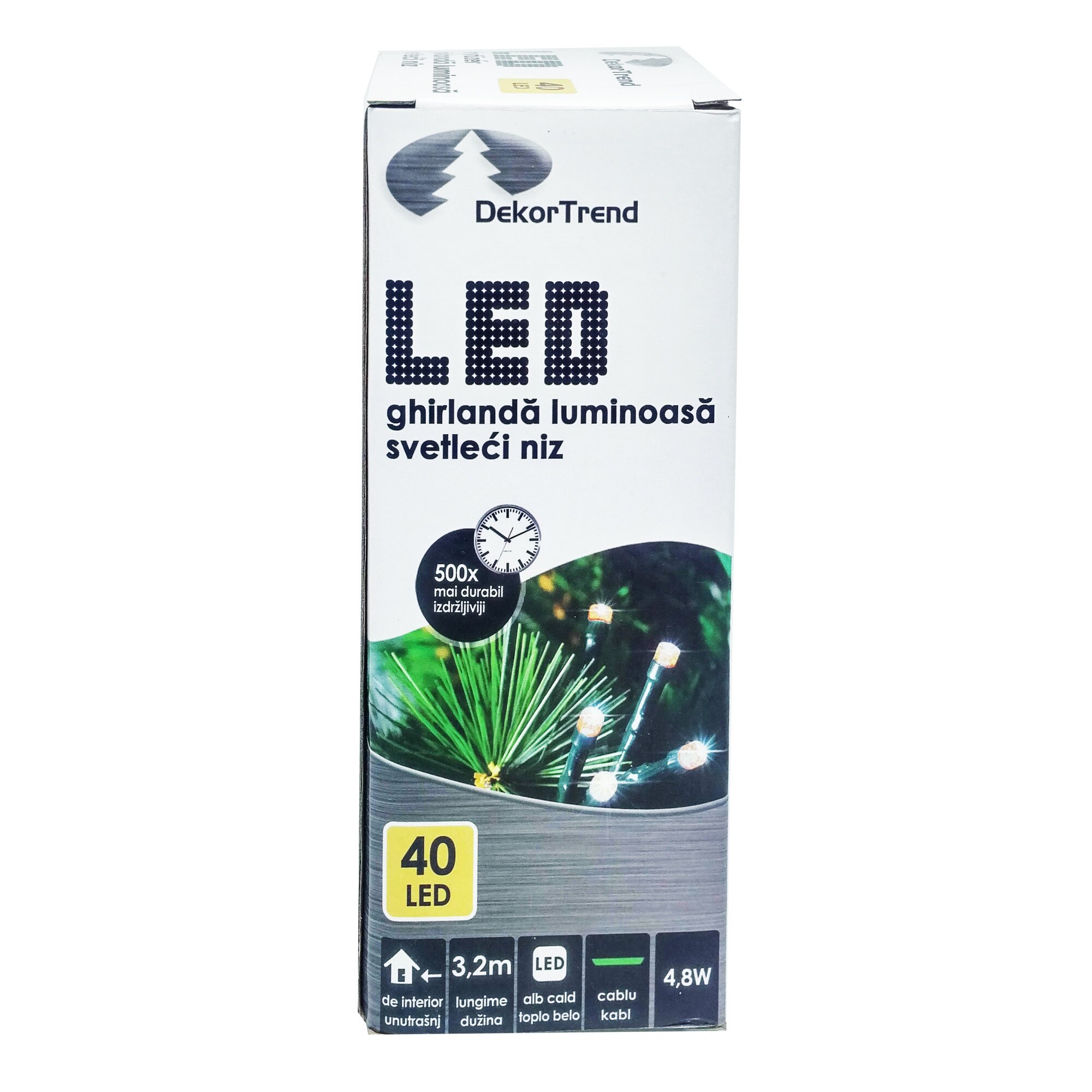 Ghirlanda luminoasa DekorTrend, KDL 041, 40 LEDuri, circumferinta 3,2m, alb cald, cablu verde, cu cablu de alimentare 1,5m, interior