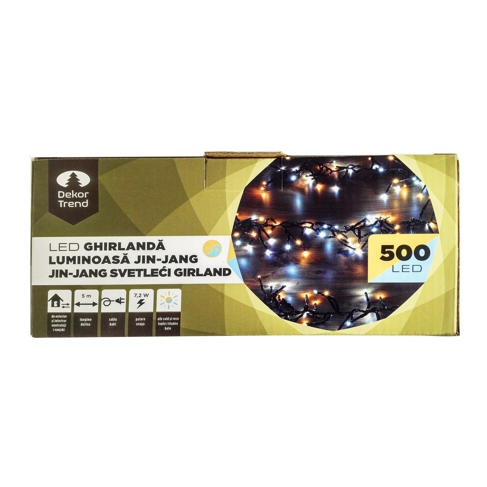 Ghirlanda luminoasa Jin-Jang, KDC 530, 500LEDuri, lungime 5m, alb cald+alb rece, cablu negru, cu cablu de alimentare 3m, interior-exterior