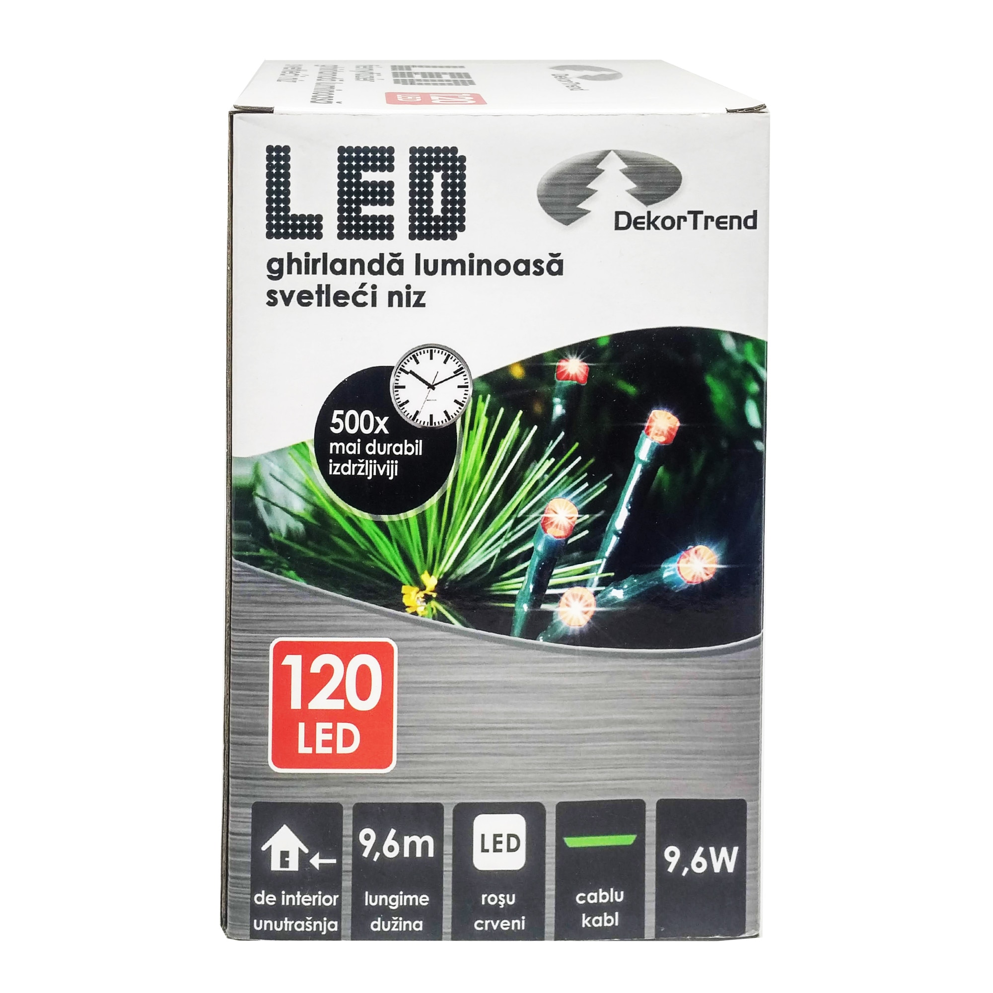 Ghirlanda luminoasa DekorTrend, KDL 124, 120 LEDuri, circumferinta 9,6m, rosu, cablu verde, cu cablu de alimentare 1,5m, interior