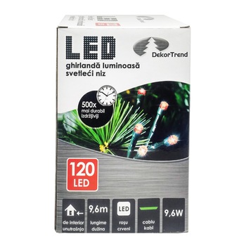 Ghirlanda luminoasa DekorTrend, KDL 124, 120 LEDuri, circumferinta 9,6m, rosu, cablu verde, cu cablu de alimentare 1,5m, interior Ghirlanda luminoasa DekorTrend, KDL 124, 120 LEDuri, circumferinta 9,6m, rosu, cablu verde, cu cablu de alimentare 1,5m, interior