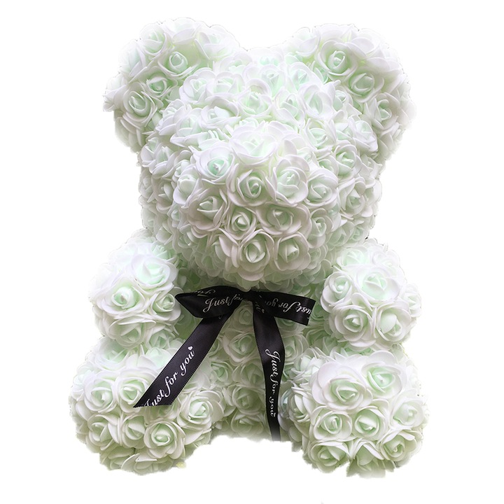 Ursulet floral Alb, ursulet decorat manual cu trandafiri de spuma, Teddy Bear 25 cm, cutie decorativa inclusa