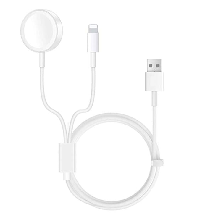 2 в 1 USB и Lightning кабел за зареждане за Apple Watch 4/3/2/1 и iPhone XR/XS/XS Max/X/8/8Plus/7/7Plus/6/6Plus/5/5SE/5S, 1,2 метра, Бяло, BBL1213