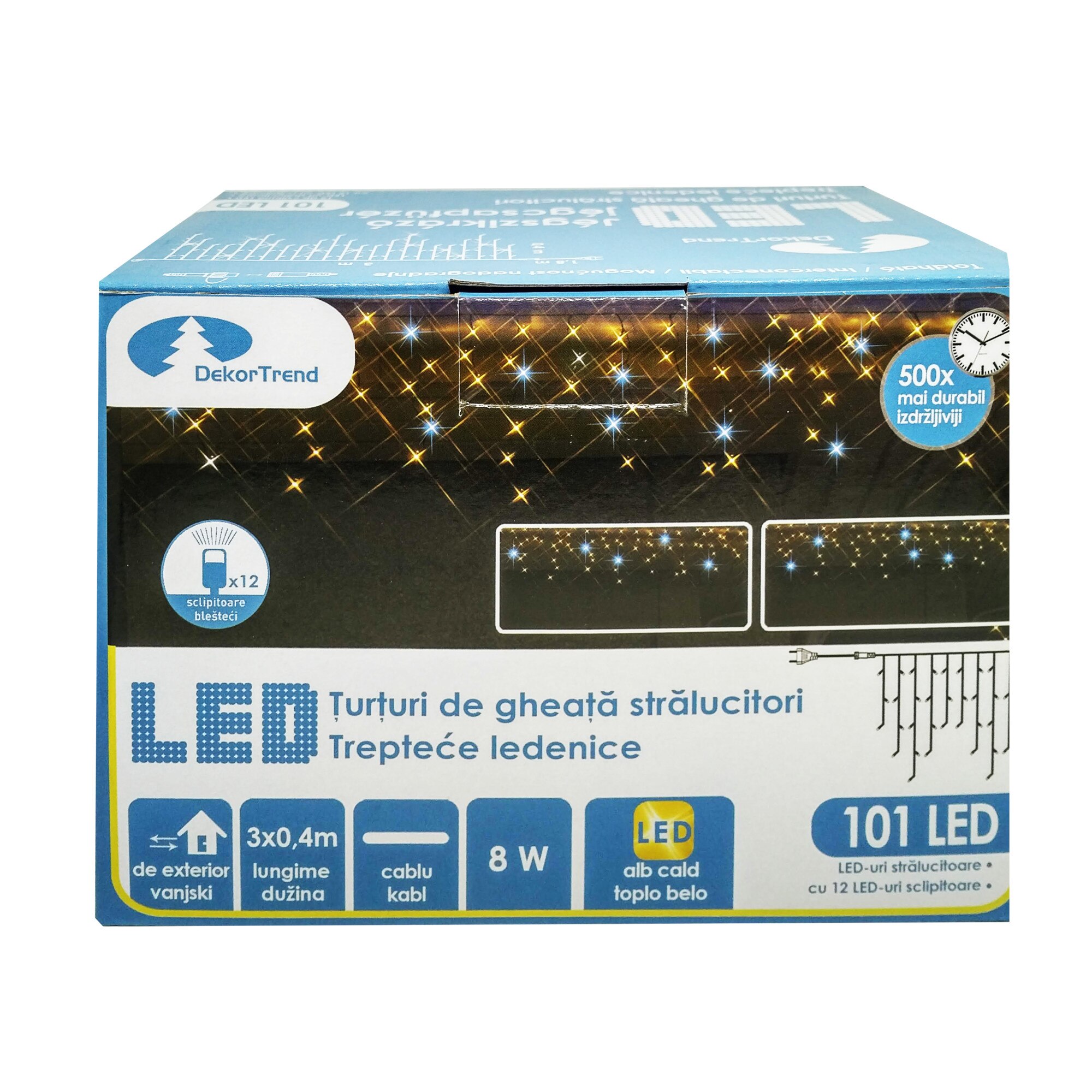 Turturi luminosi DekorTrend Contact LED interconectabil cu sclipire, KDK 102, 89 LEDuri alb cald + 12 LEDuri alb rece cu sclipire, lungime 3 x 0,4m, cablu alb gros, cauciucat, cu cablu alimenatre 1,8m, conetabile 5