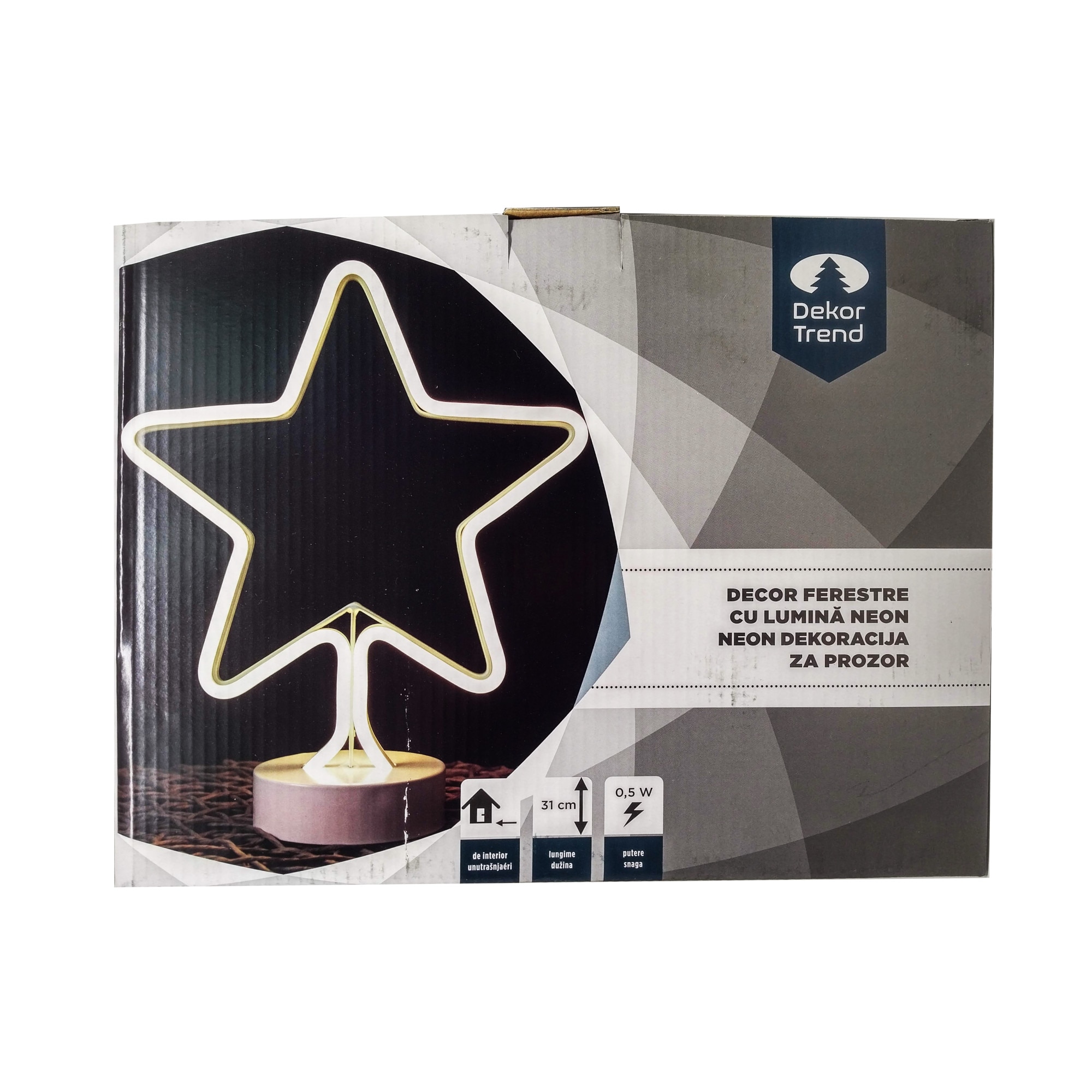 Decoratiune geam neon Stea, DekorTrend, KDA 103, alb cald, inaltime 31cm, pe baterii, interior-exterior