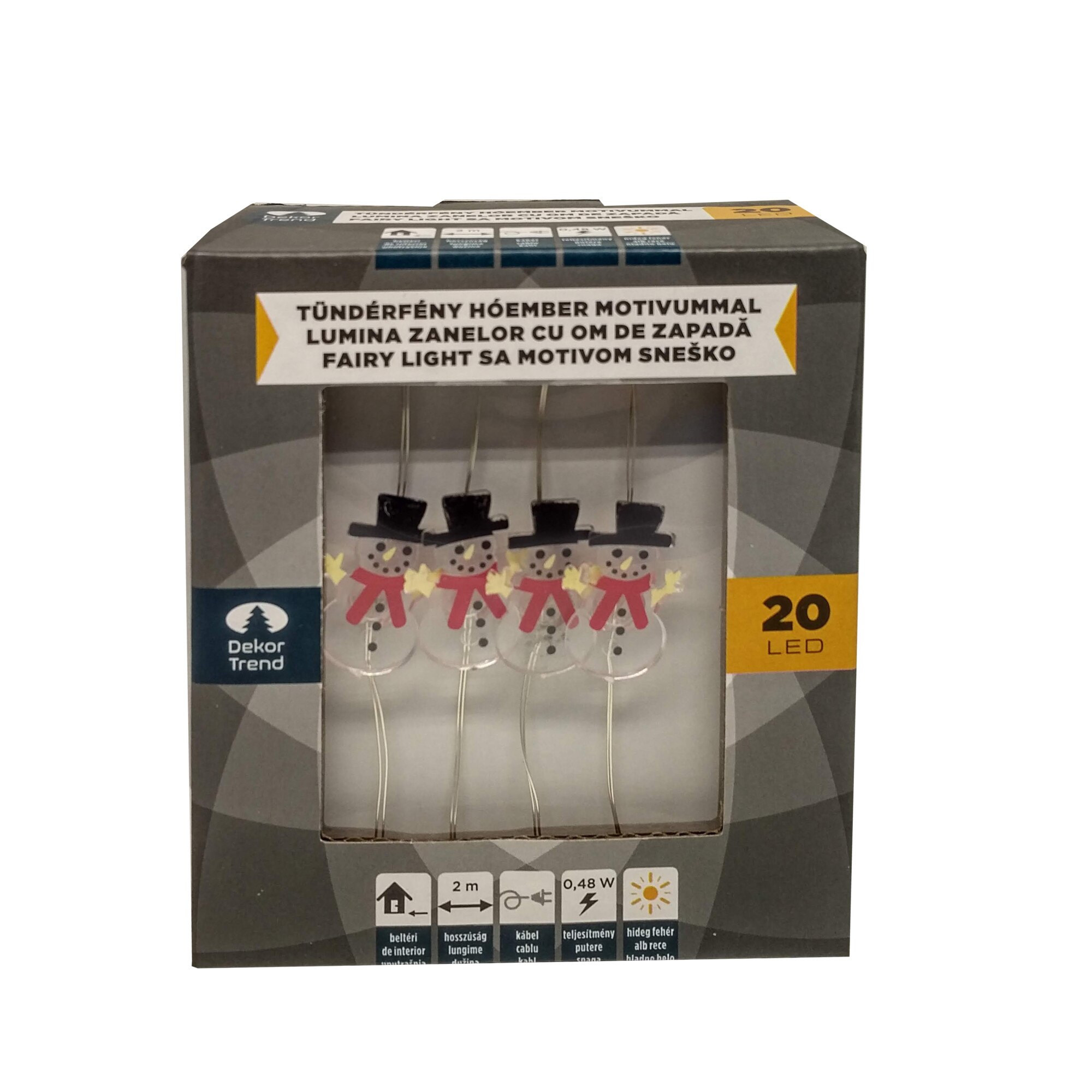 Ghirlanda decor Lumina Zanelor cu Om de Zapada, DekorTrend, KDE 322, 20 LEDuri, lungime 2m, alb cald, cablu argintiu, cablu de alimentare 0,5m, pe baterii, interior