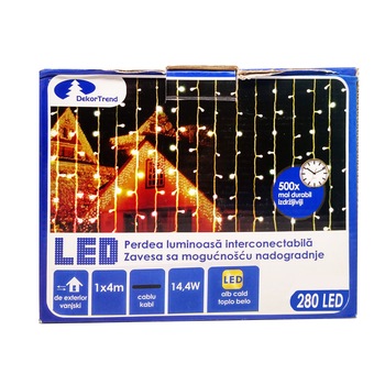 Perdea luminoasa Contact LED interconectabil, DekorTrend, KDK 011, 280 LEDuri, alb cald, lungime 1 x 4m, cablu negru gros, cauciucat, cu cablu alimentare 1,8m, exterior, conectabile 20 Perdea luminoasa Contact LED interconectabil, DekorTrend, KDK 011, 280 LEDuri, alb cald, lungime 1 x 4m, cablu negru gros, cauciucat, cu cablu alimentare 1,8m, exterior, conectabile 20