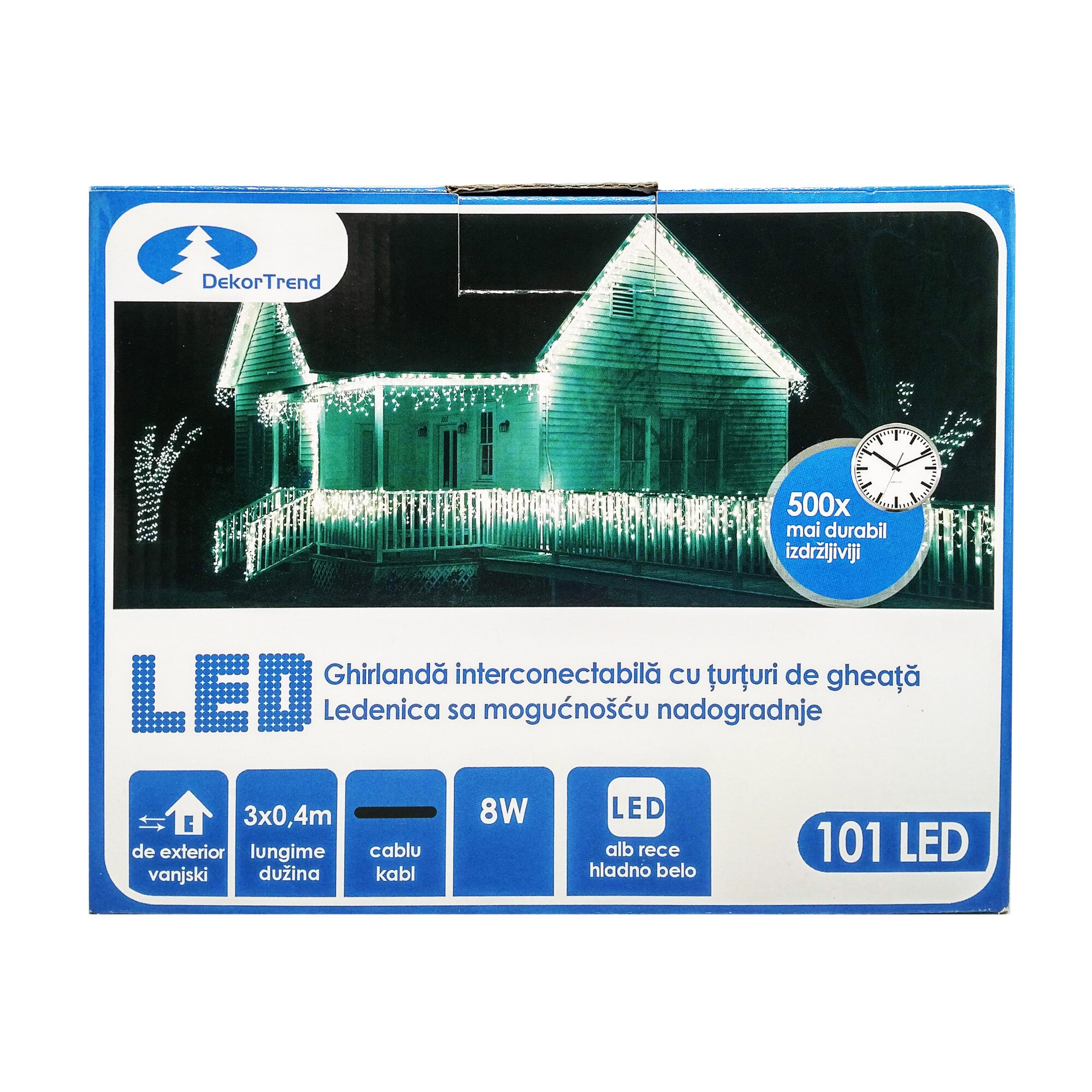 Turturi luminosi Contact LED interconectabil, DekorTrend, KDK 007, 101 LEDuri, alb rece, lungime 3m, cablu negru gros, cauciucat, cu cablu alimentare 1,8m, exterior, conectabile 20