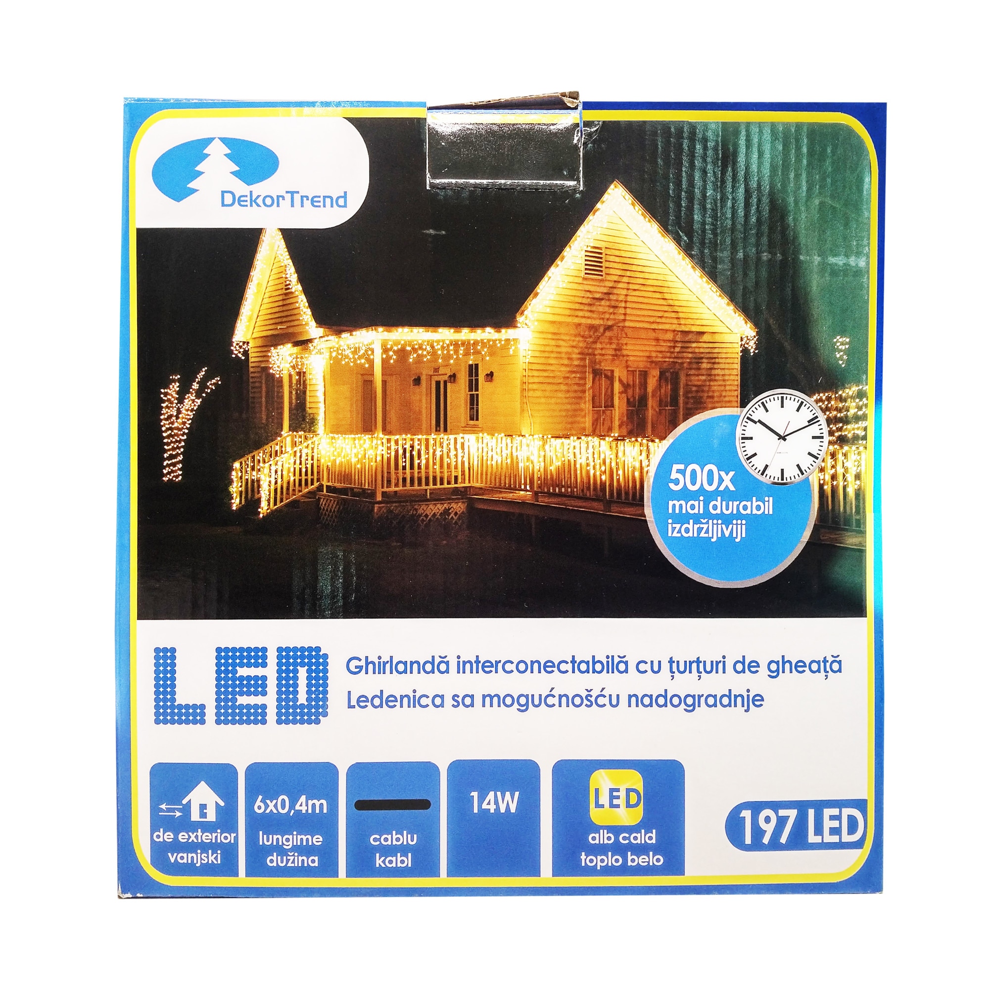 Turturi luminosi Contact LED interconectabil, DekorTrend, KDK 006, 197 LEDuri, alb cald, lungime 6m, cablu negru gros, cauciucat, cu cablu alimentare 1,8m, exterior, conectabile 10