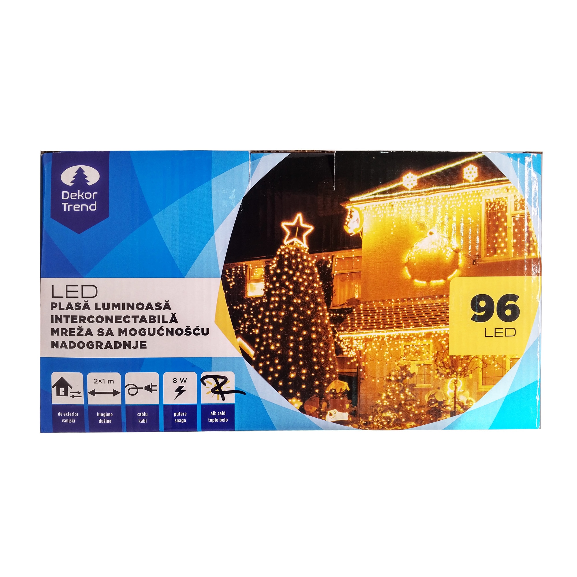 Plasa luminoasa Contact LED interconectabil, DekorTrend, KDK 015, 96 LEDuri, alb cald, lungime 2 x 2m, cablu negru gros, cauciucat, cu cablu alimentare 1,8m, exterior, conectabile 20