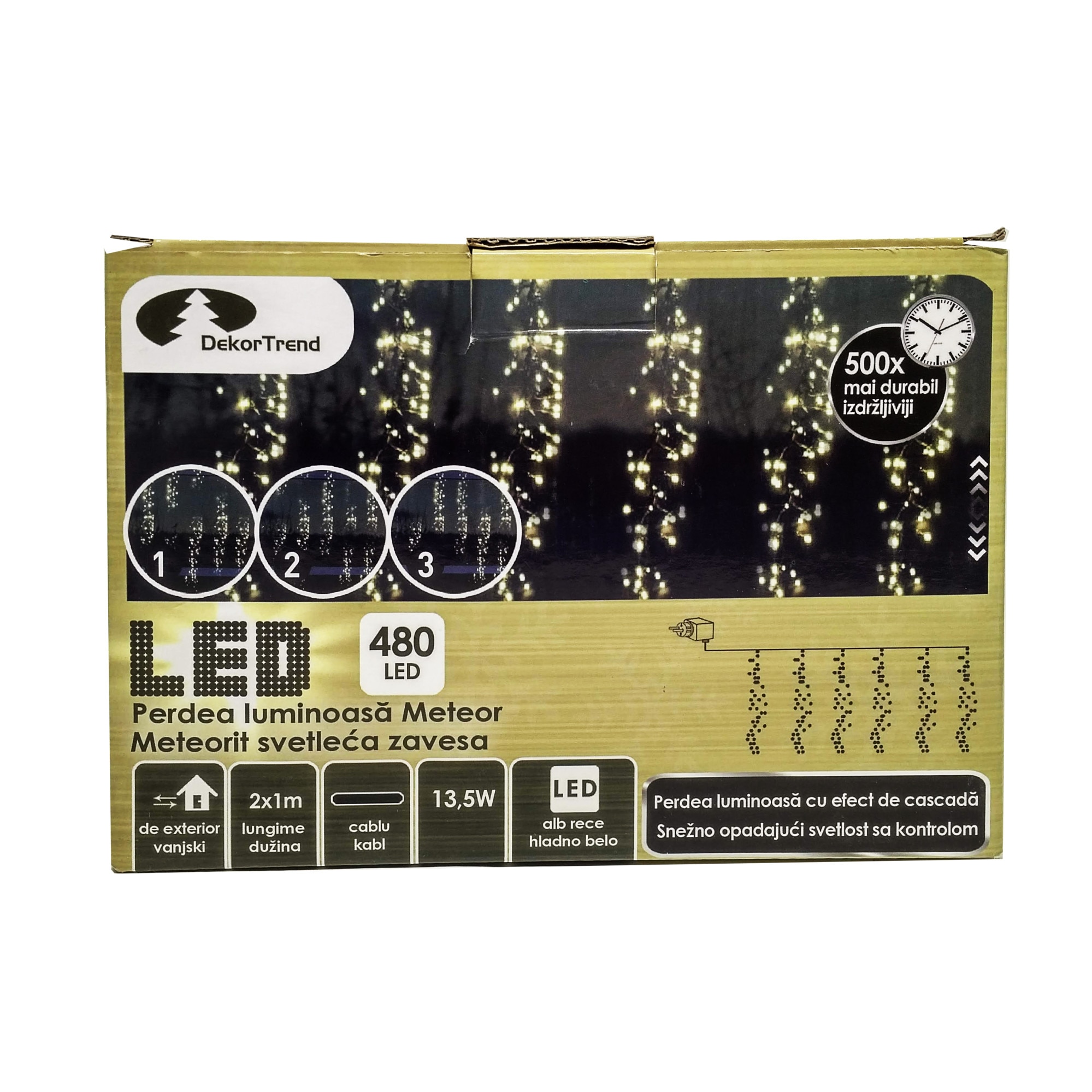 Perdea luminoasa Meteor, DekorTrend, KDF 001, 480 LEDuri, lungime 2 x 1 m, alb cald, cablu negru, cablu de alimentare 5m, interior-exterior