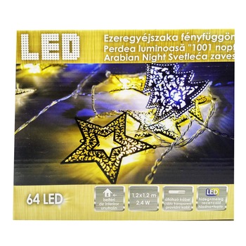 Perdea luminoasa 1001 Nopti, DekorTrend, KDE 106, 64 LEDuri, lungime 1,2 x 1,2m, alb cald + alb rece, motive de stea si brad, cablu transparent, cablu de alimentare 3m, interior-exterior Perdea luminoasa 1001 Nopti, DekorTrend, KDE 106, 64 LEDuri, lungime 1,2 x 1,2m, alb cald + alb rece, motive de stea si brad, cablu transparent, cablu de alimentare 3m, interior-exterior
