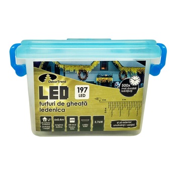 Turturi luminosi DekorTrend, KDL 128, 197 LEDuri, lungime 6 x 0,4m, alb cald, cablu negru, cu cablu de alimentare 5m, interior-exterior Turturi luminosi DekorTrend, KDL 128, 197 LEDuri, lungime 6 x 0,4m, alb cald, cablu negru, cu cablu de alimentare 5m, interior-exterior