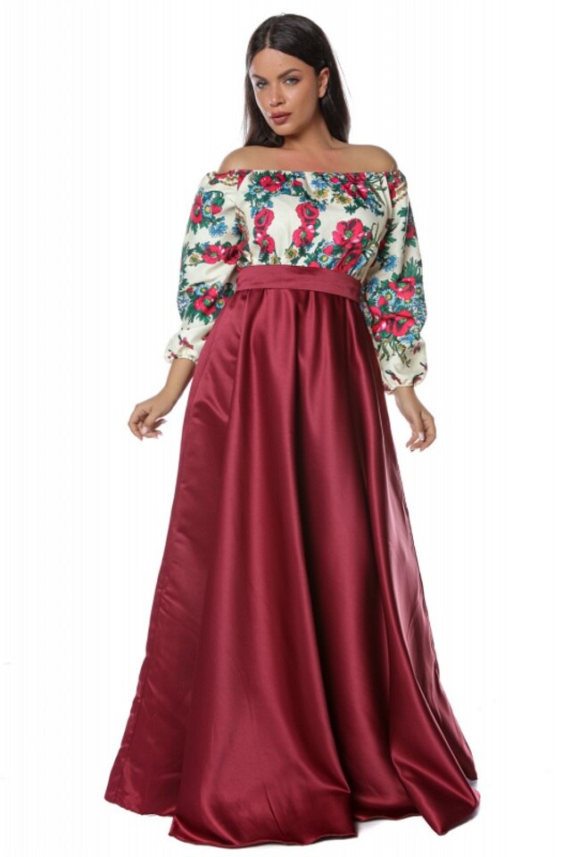 Rochie lunga bordo cu model floral Gypsy, Bordo, M-L